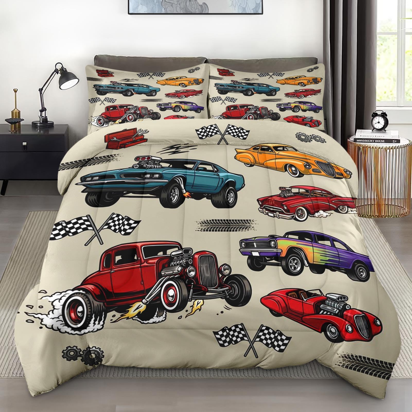 Pamnest Comforter Set Queen Size, Vintage Truck 3 Pcs Bedding for Kids and Adults, Classic Cars Comforter Set with Pillowcase, for Bedroom Bed Decor