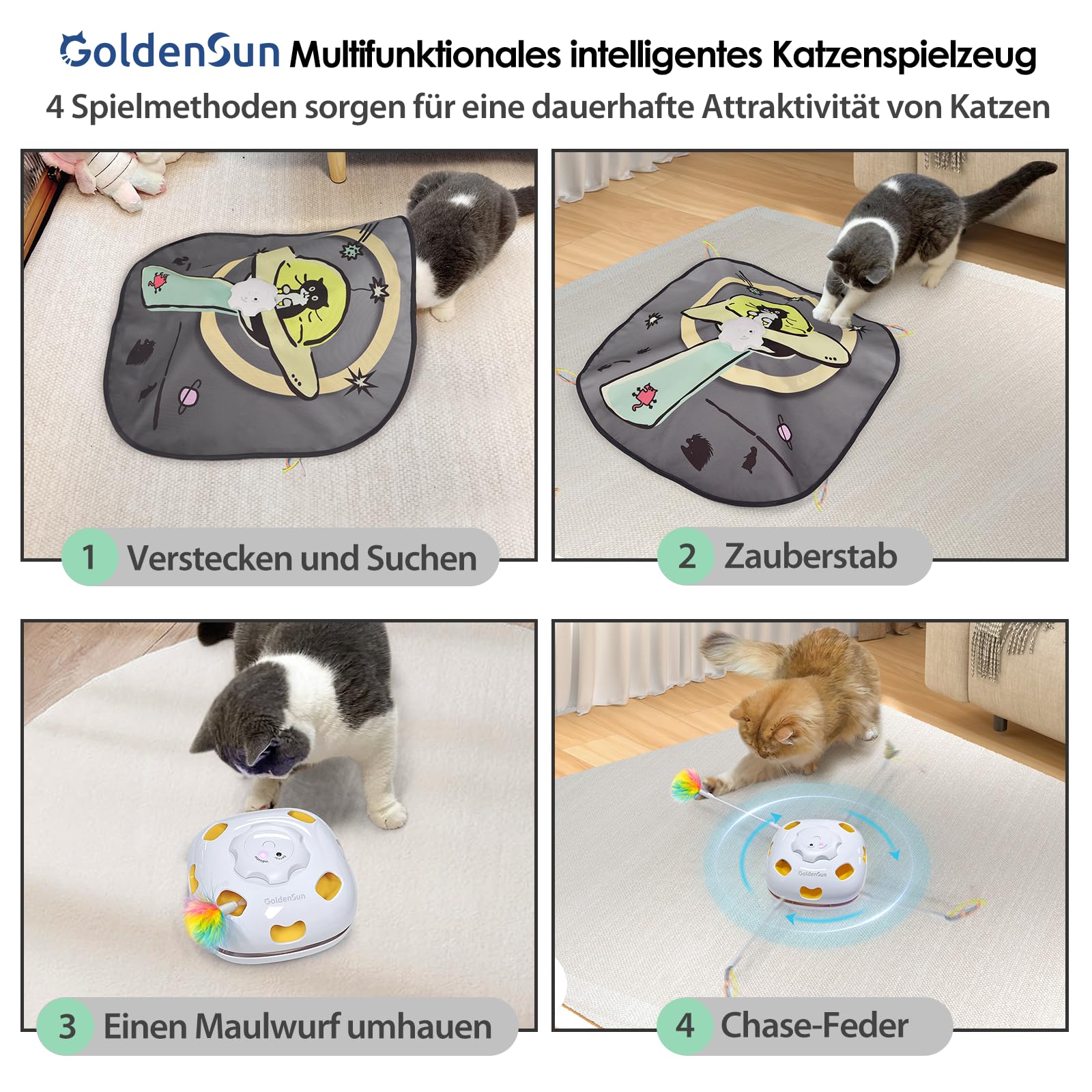 GoldenSun Katzenspielzeug, Aufladbares, Interaktives 4-in-1 Katzen Zubehör im Innenbereich, Selbstspiel, Kitten Spielzeug, Schlag auf einen Maulwurf, Übungskatzenspielzeug mit 3 DIY-Ersatzfedern