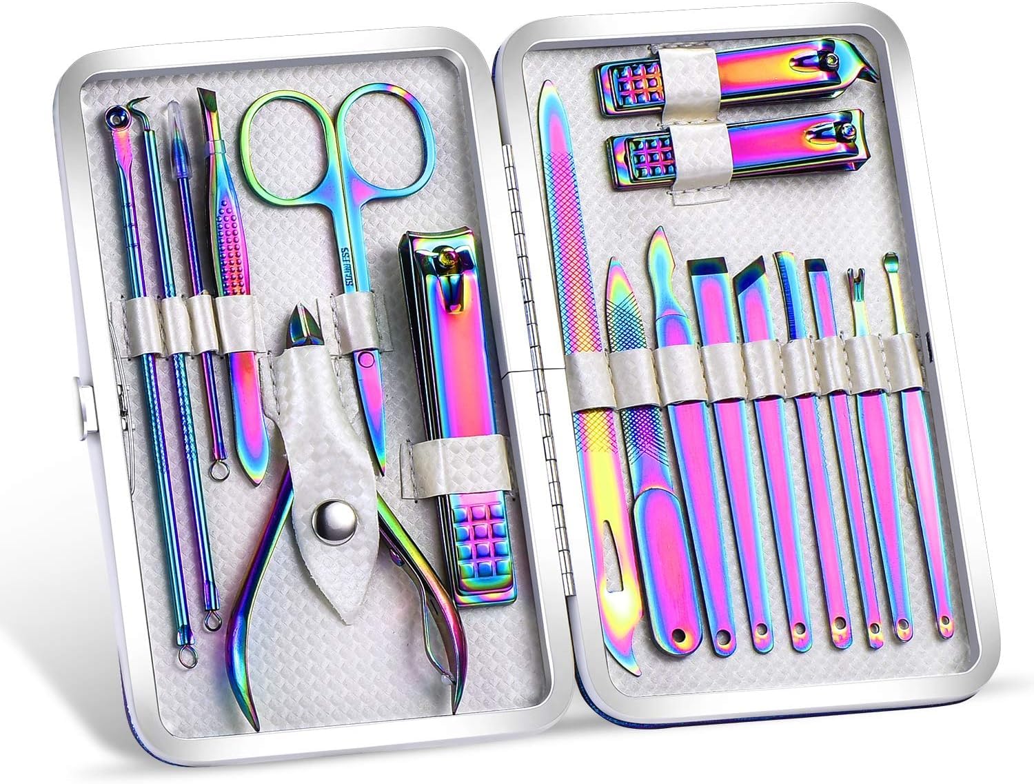 MEI DE MODA Manicure Set Nail Clippers Set Pedicure 18 Pieces Stainless Steel Manicure Kit Professional Grooming Care Tools Nose Hair Scissors Nail File.The Best Gift with Luxurious Case (Rainbow_18)
