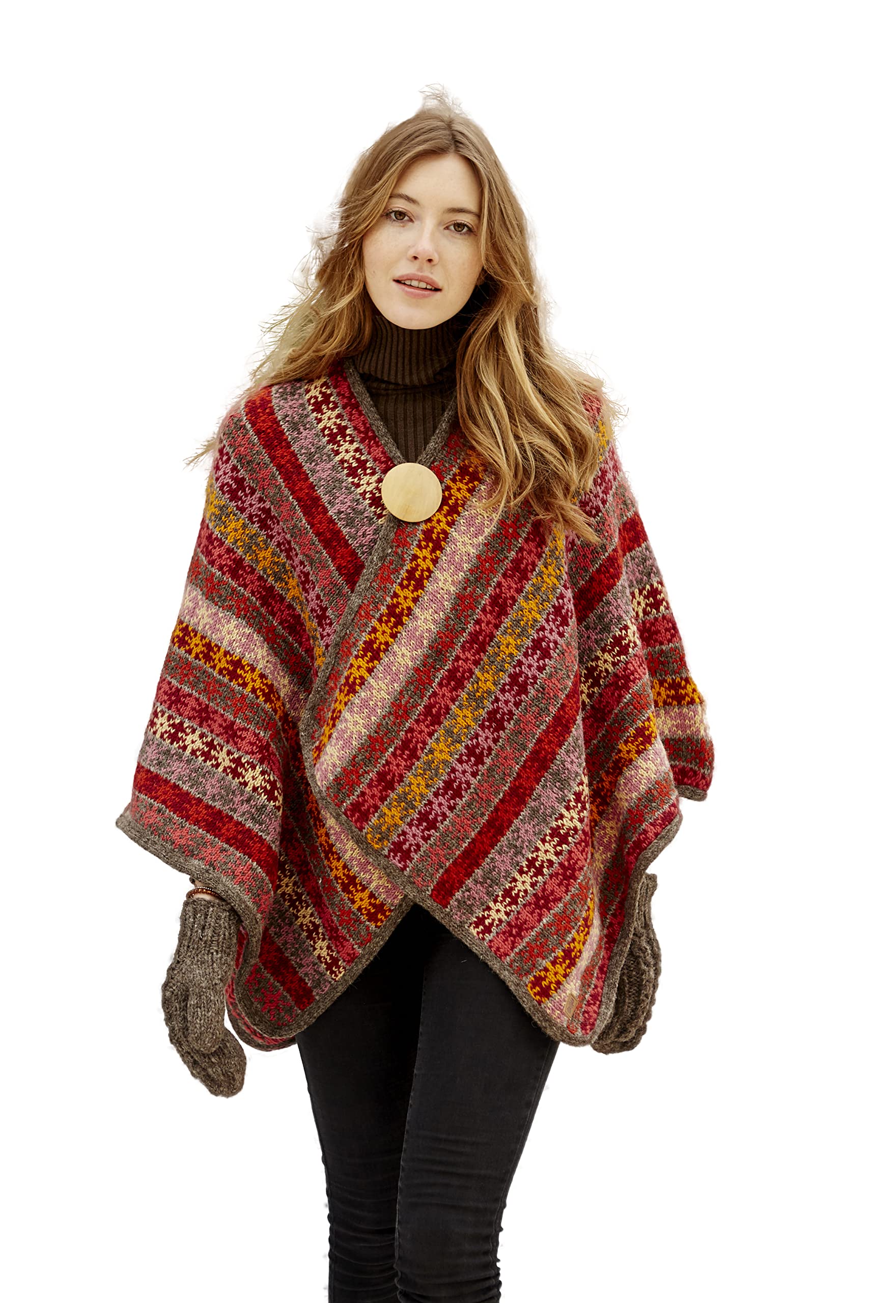 Pachamama Women Wool Wrap Handknitted Stars Stripes Design Earth Grey One Size Handmade Winter Thermal Extra Warm Shawl Cape Fair Trade