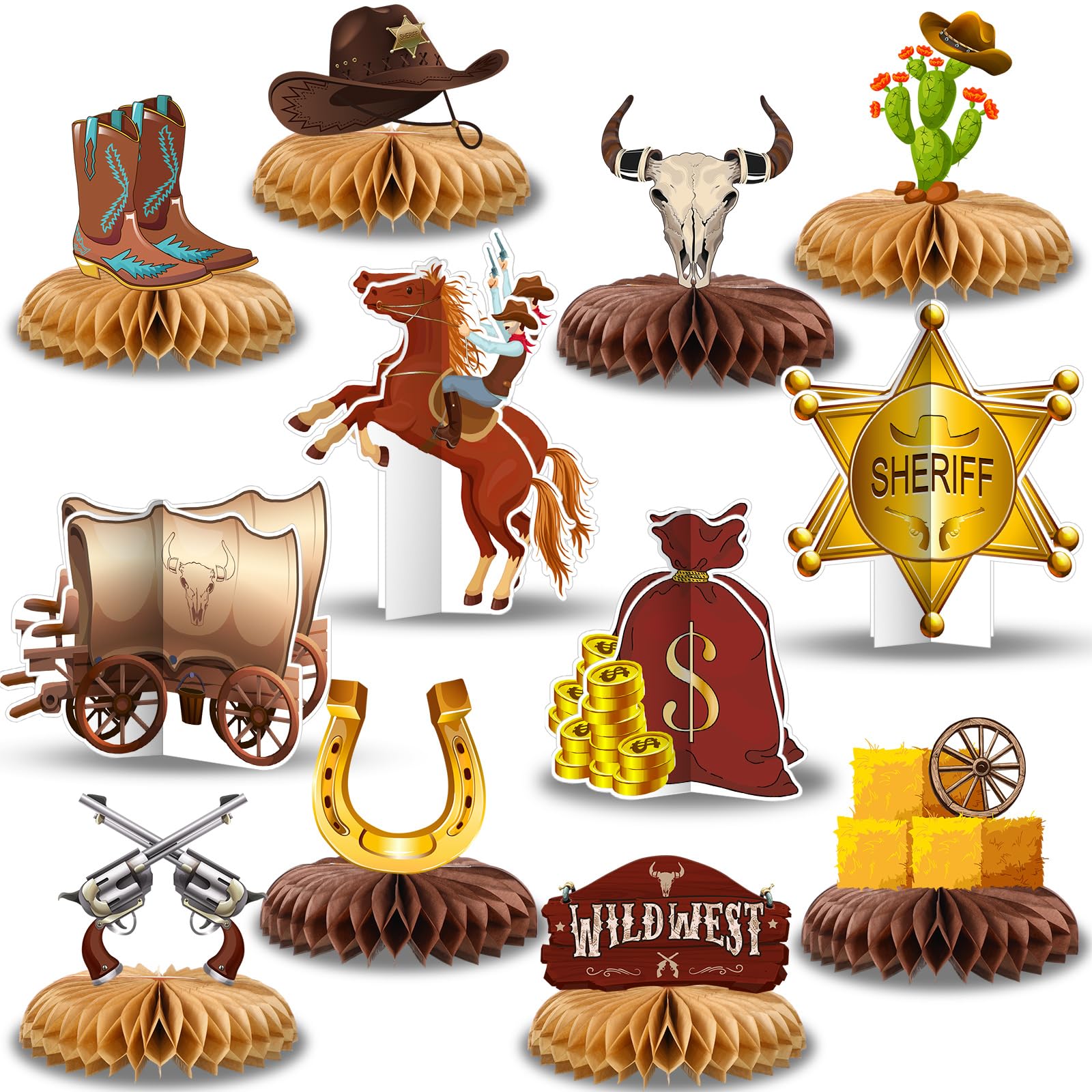 Chrisfall 12 Pcs Western Cowboy Party Decorations Wild West Honeycomb Centerpieces Cowboy Table Decor Western Theme Party Decor for Wild West Birthday Baby Shower Supplies