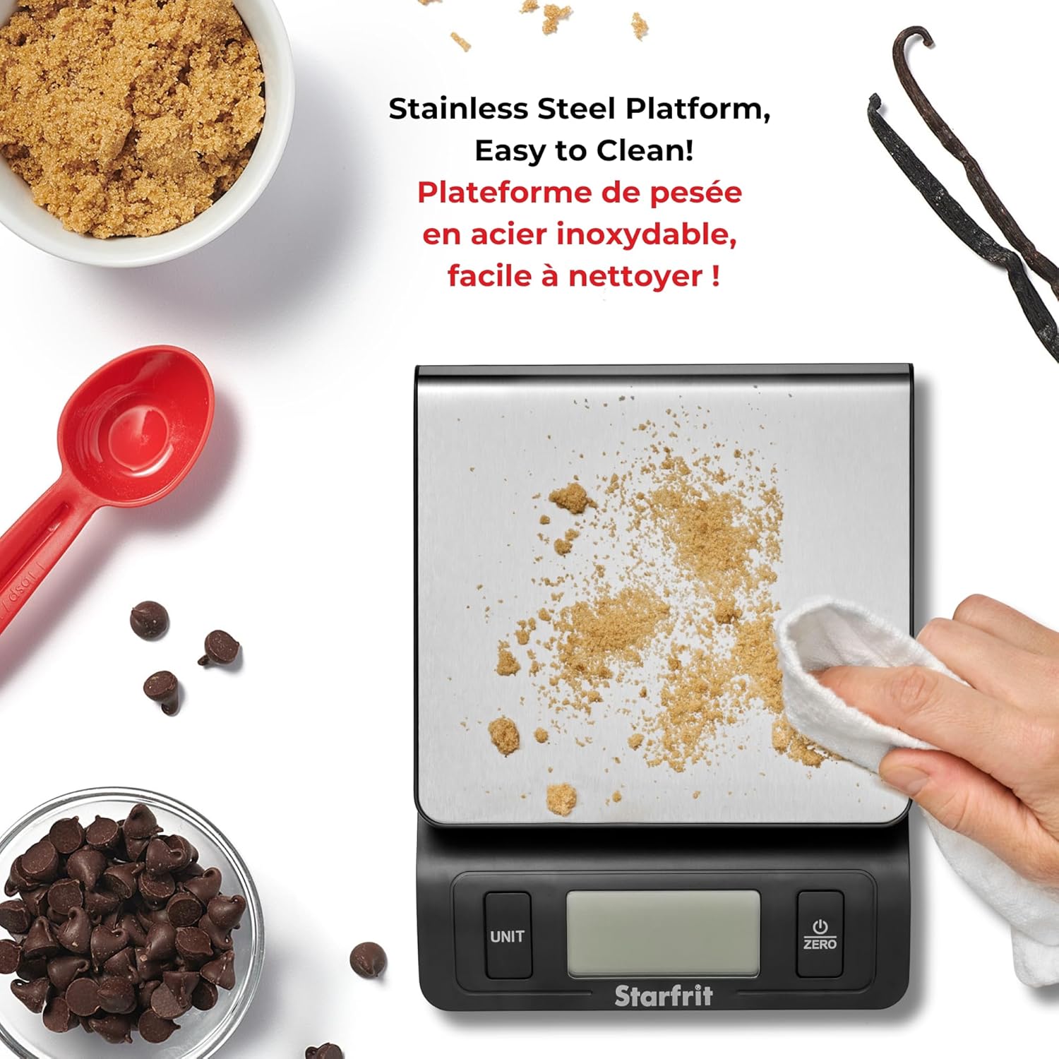 Starfrit Digital Kitchen Scale stored neatly in a kitchen drawer, highlighting its ultra-slim design.