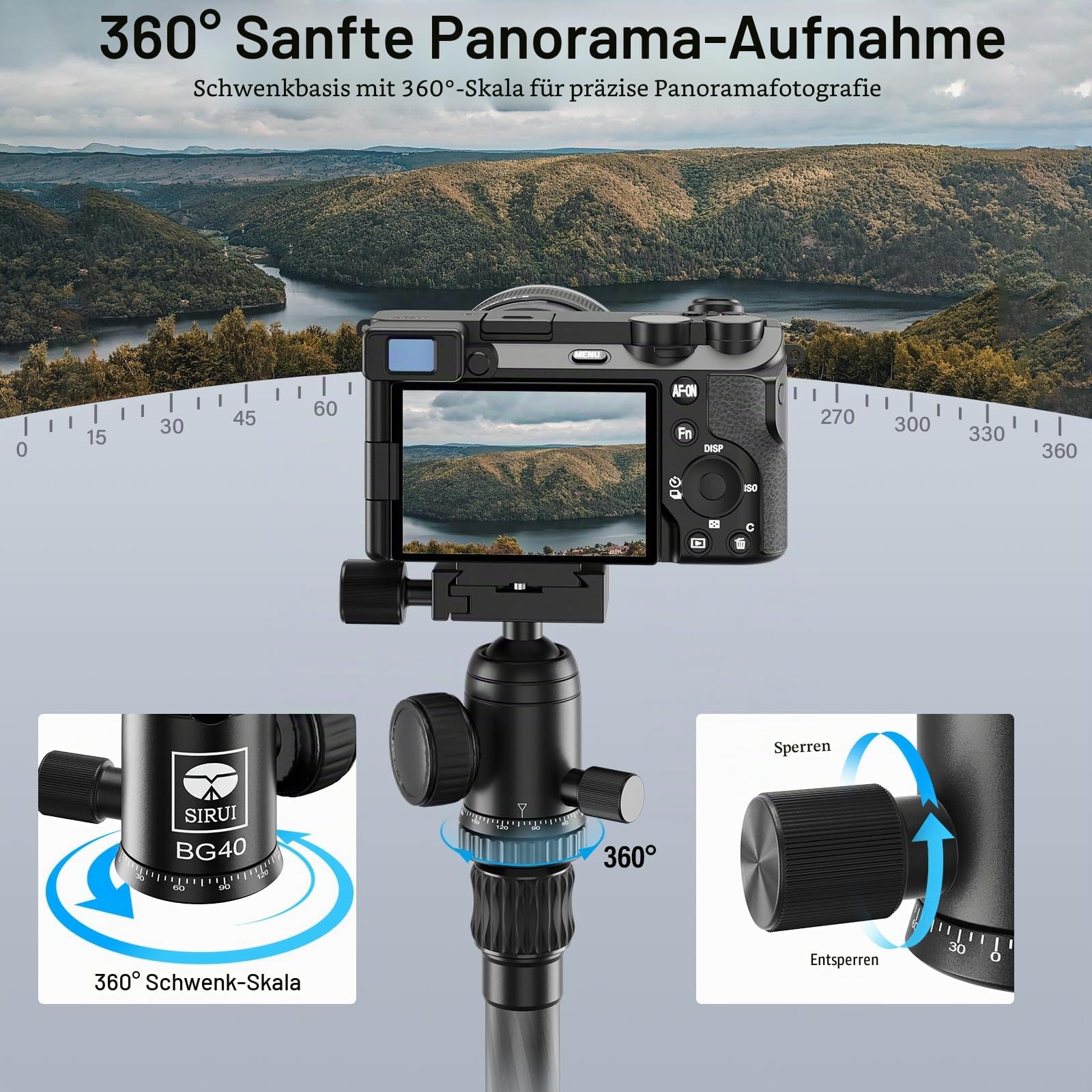 SIRUI BG40 Leichter Aluminium Kugelkopf, 360° Panorama Stativkopf mit Arca Schnellwechselplatte, 10kg Tragkraft für DSLR, Reise, Einbeinstativ, Slider (1/4" & 3/8" inkl.)