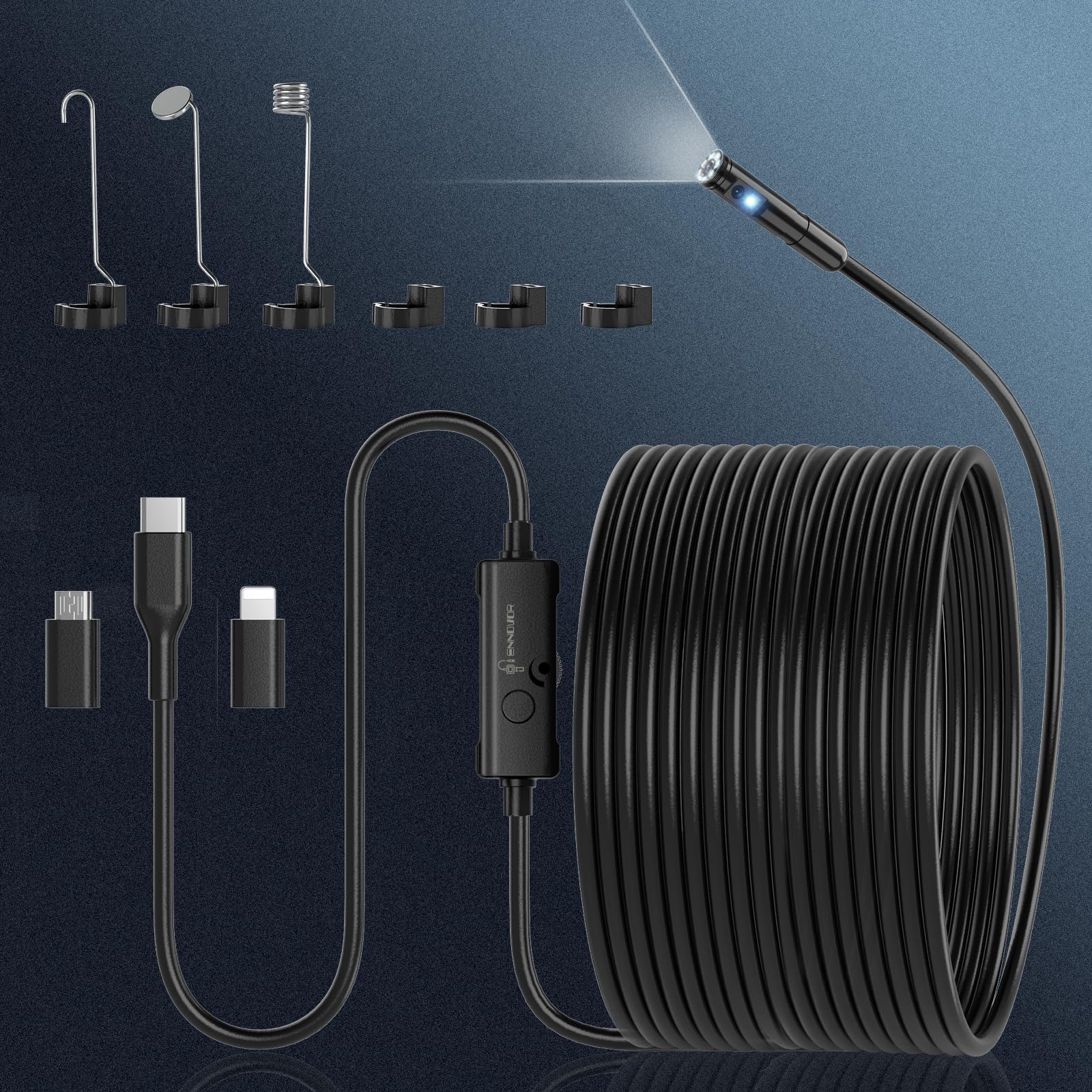 Camera Endoscopique Double Objectif 1920P HD, Camera Inspection Canalisation Étanche IP67 avec 8+1 LED, 10M Câble Semi-Rigide, Compatible Android/iOS, pour Égouts et Tuyaux