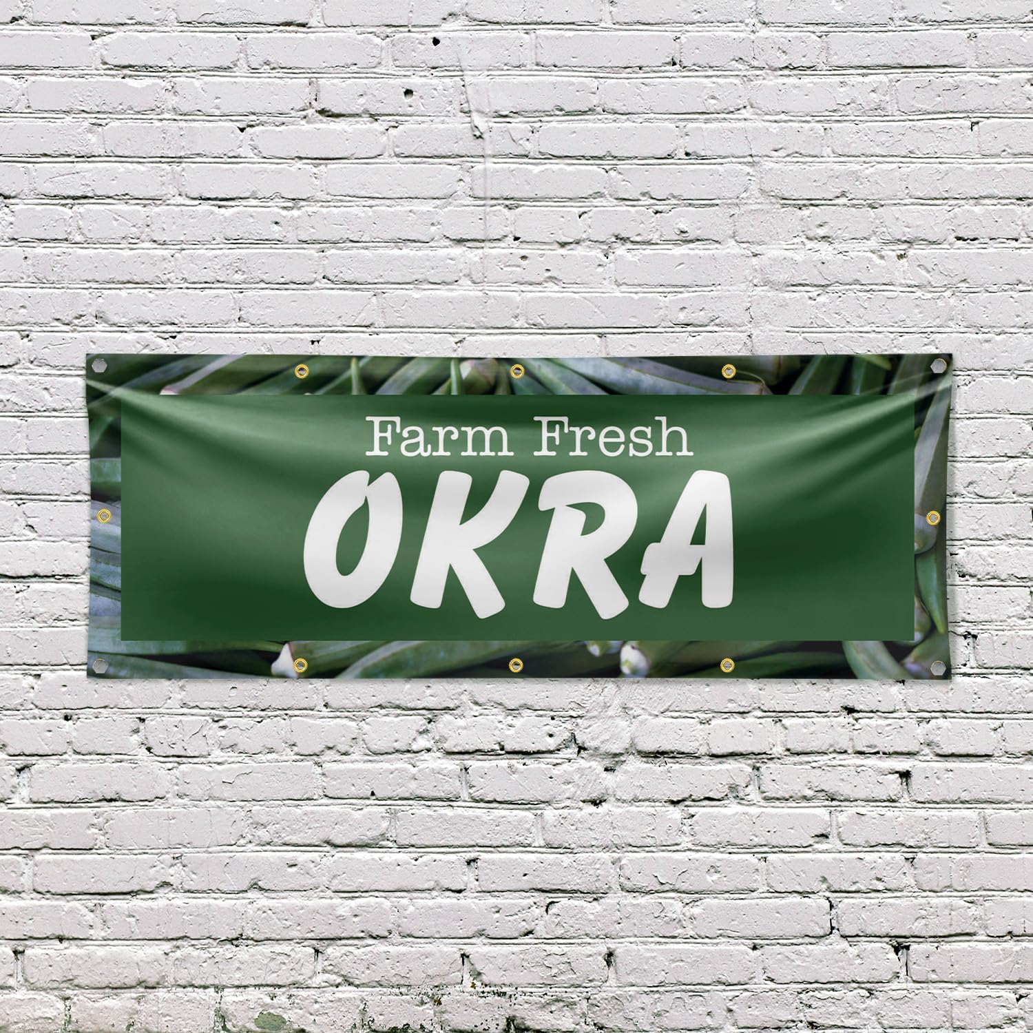 Farm Fresh Okra Banner Sign 48 Inch x 96 Inch | 13 oz Vinyl with Metal Grommets | Heavy-Duty Single-Sided Outdoor Durable Printed High-Quality Weatherproof | Made in the USA