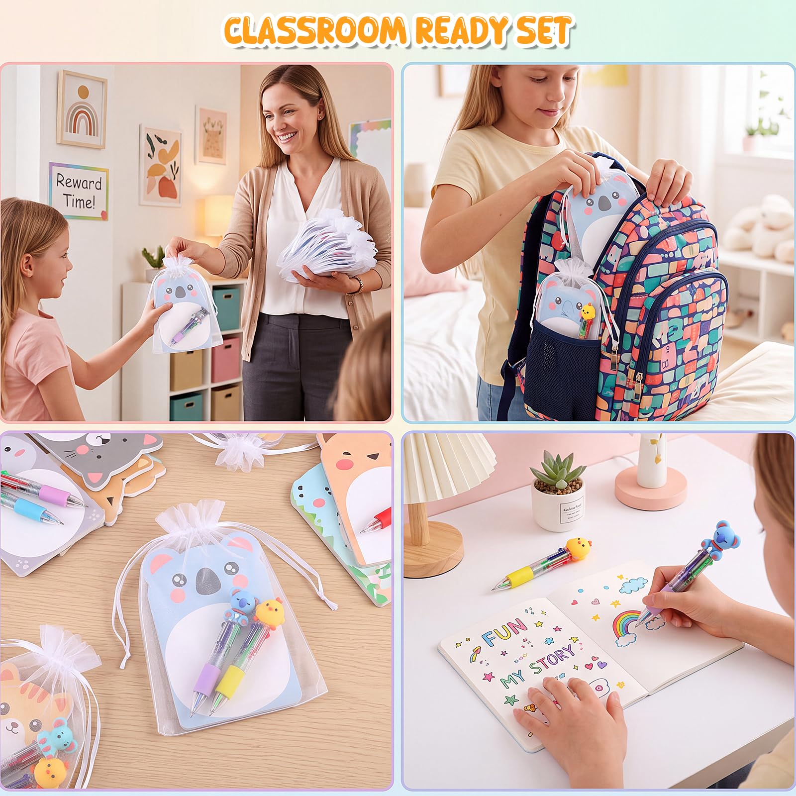 BESARME Lot de 24 ensembles de papeterie amusants, 24 stylos mignons 4-1 et 24 carnets de poche animaux avec sacs cadeaux, prix de classe, cadeaux de fête