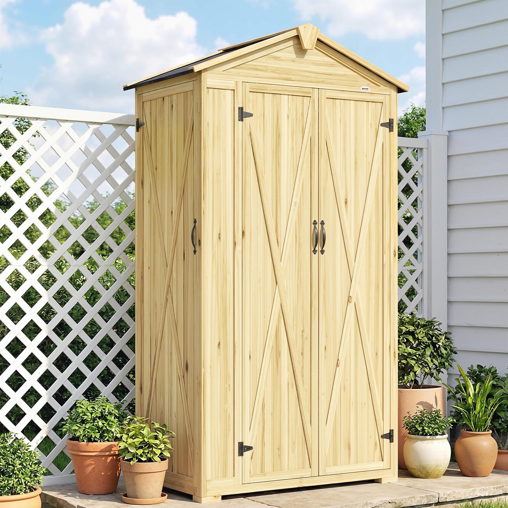 Outsunny Caseta de Jardín de Madera 93x53x168 cm 4 Estantes Madera Natural | Armario Exterior para Herramientas con Puertas Bloqueables, Techo Asfáltico Inclinado y Ganchos