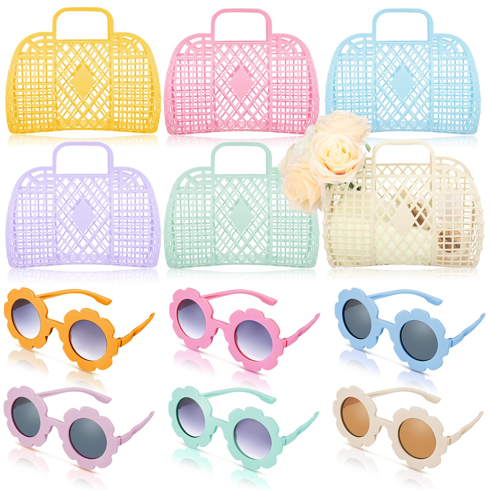 Sweetude 12 Pcs Jelly Bag with Sunglasses Jelly Purse Basket, Mixed Colors