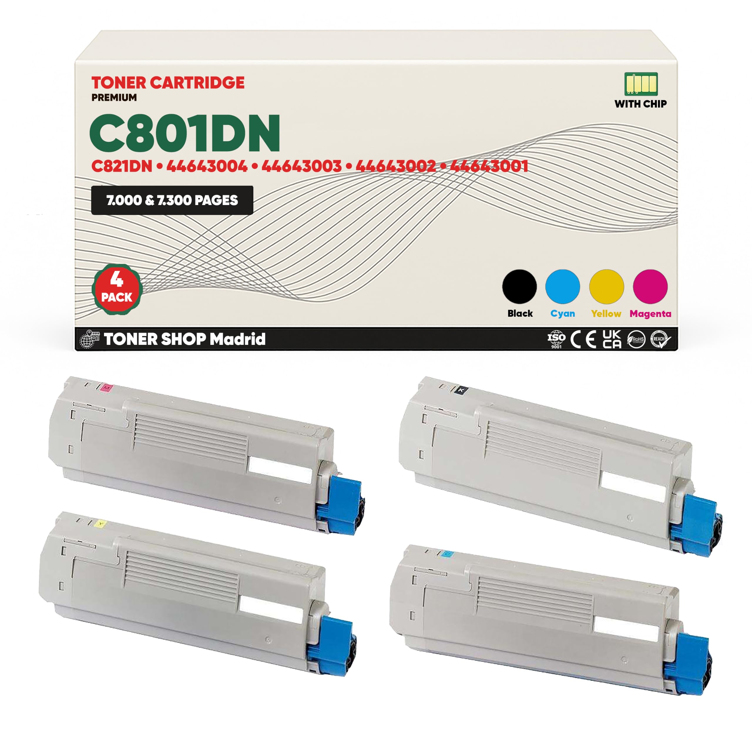 Tóner Compatible con Oki C801DN C801N C821DN C821N Pack 4 CMYK con Chip 44643004 44643003 44643002 44643001 Rendimiento 7000 Negro 7300 Color