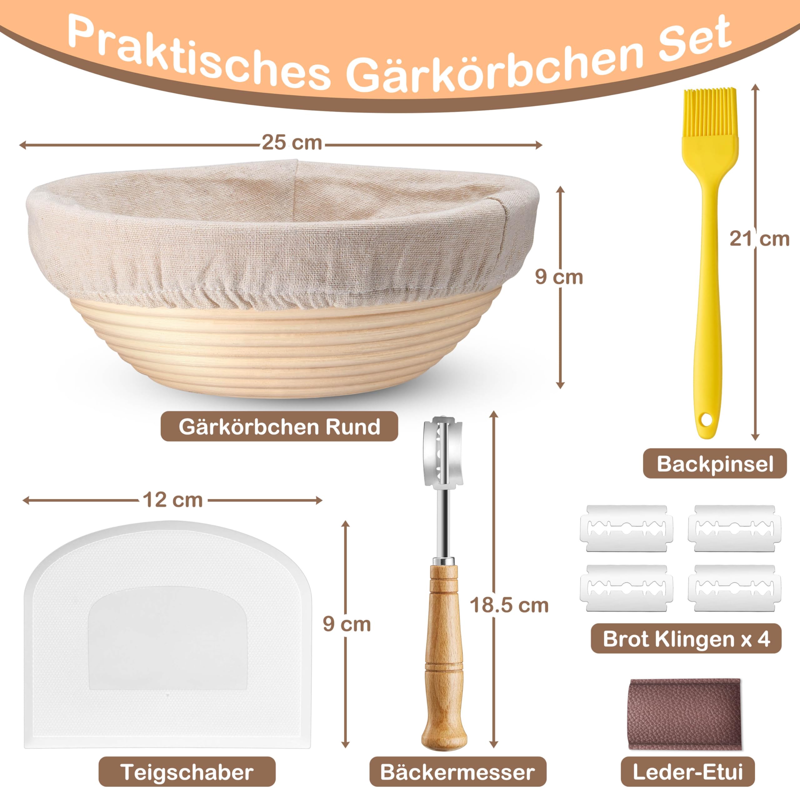 HaWare Koszyk do garowania chleba, 25 cm, okrągły zestaw z karmą, nożem do piekarni, skrobakiem do ciasta i pędzlem do pieczenia, kosz na zakwas, akcesoria do pieczenia dla domowych i profesjonalnych