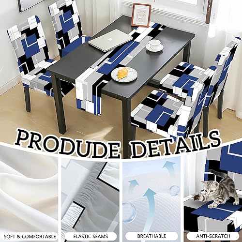 Miniatura 2 de MCALK Juego de 4 fundas geométricas para sillas y camino de mesa, fundas elásticas color azul marino para cocina, protector de silla lavable