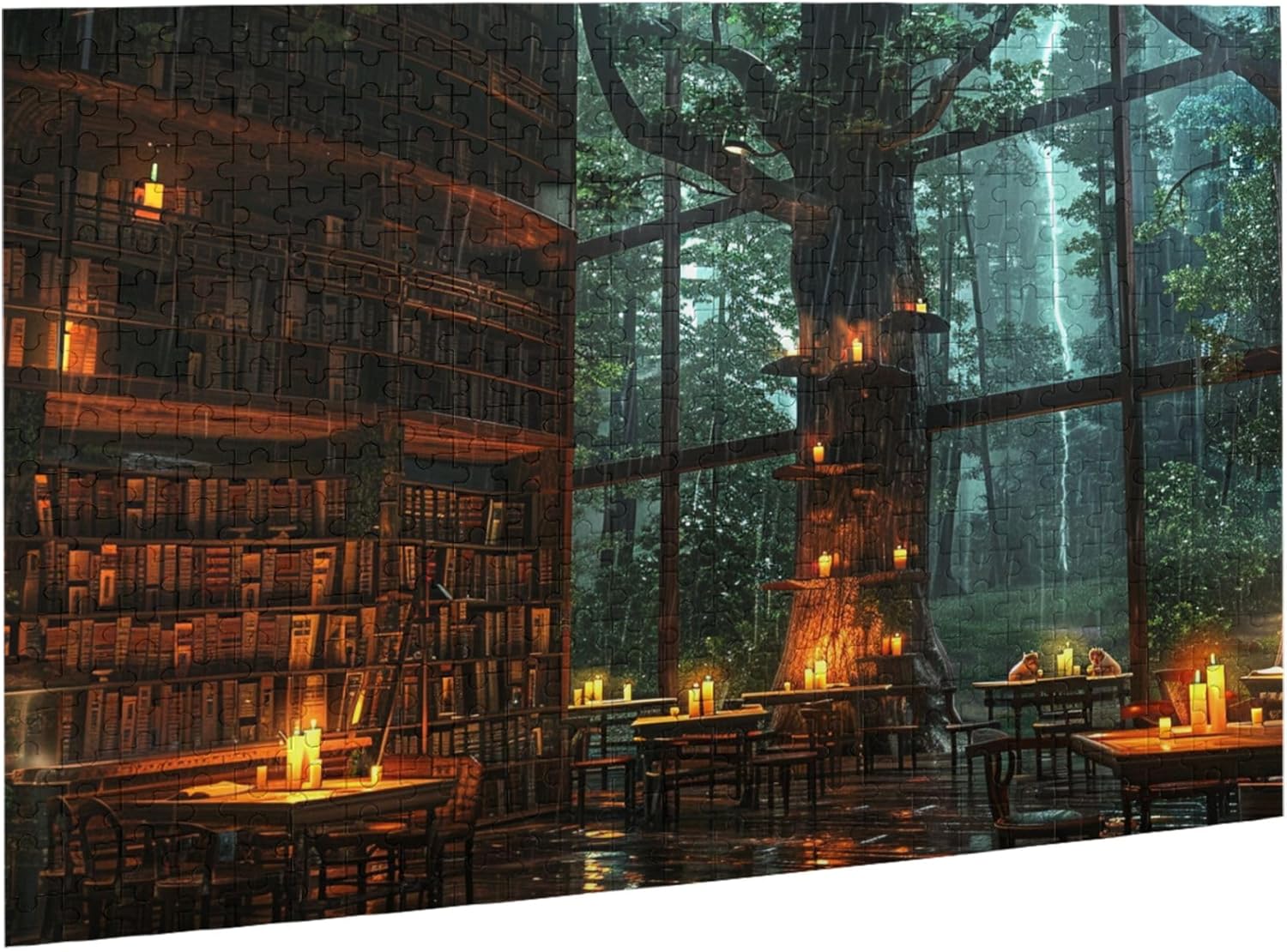 500 Piece Fantasy Library Puzzle for Adults – Enchanted Forest Reading Room with Candlelit Trees and Rainy Ambience