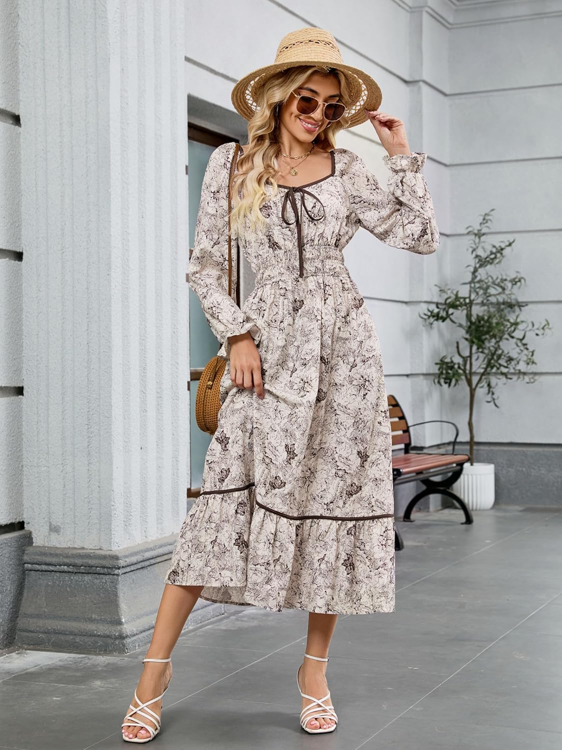 ZAFUL Women's 2025 Long Sleeve Square Neck Fall Boho Floral Midi Dress High Waist Flowy A Line Tiered Wedding Guest Dresses - Image 6
