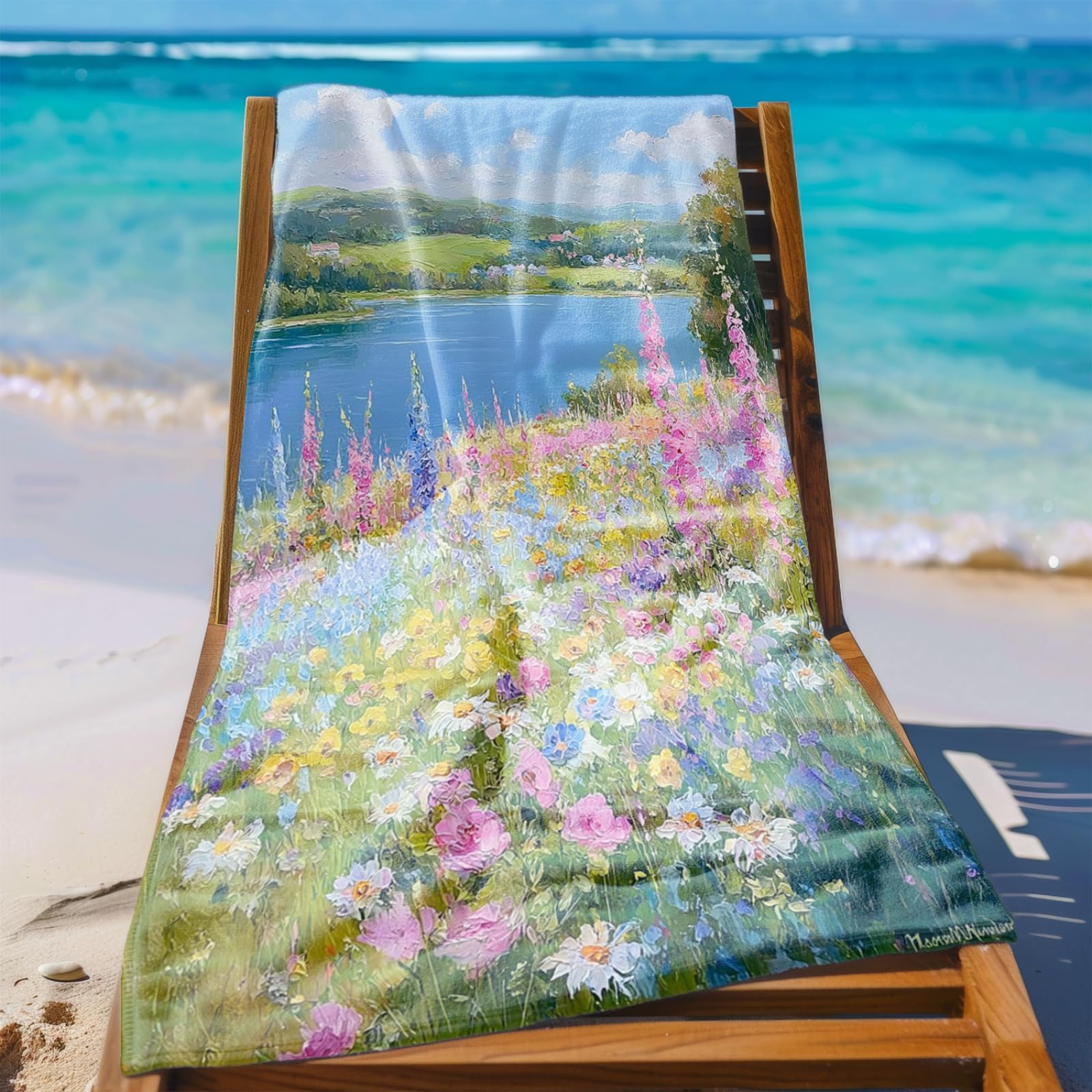 Tapis de Plage XXL Anti Sable Fleur De La Rivière Bleue Serviette Piscine Adulte,Natte De Plage Pliable, Voyage Accessoires De Plage Camping,Serviette de Bain Personnalisée
