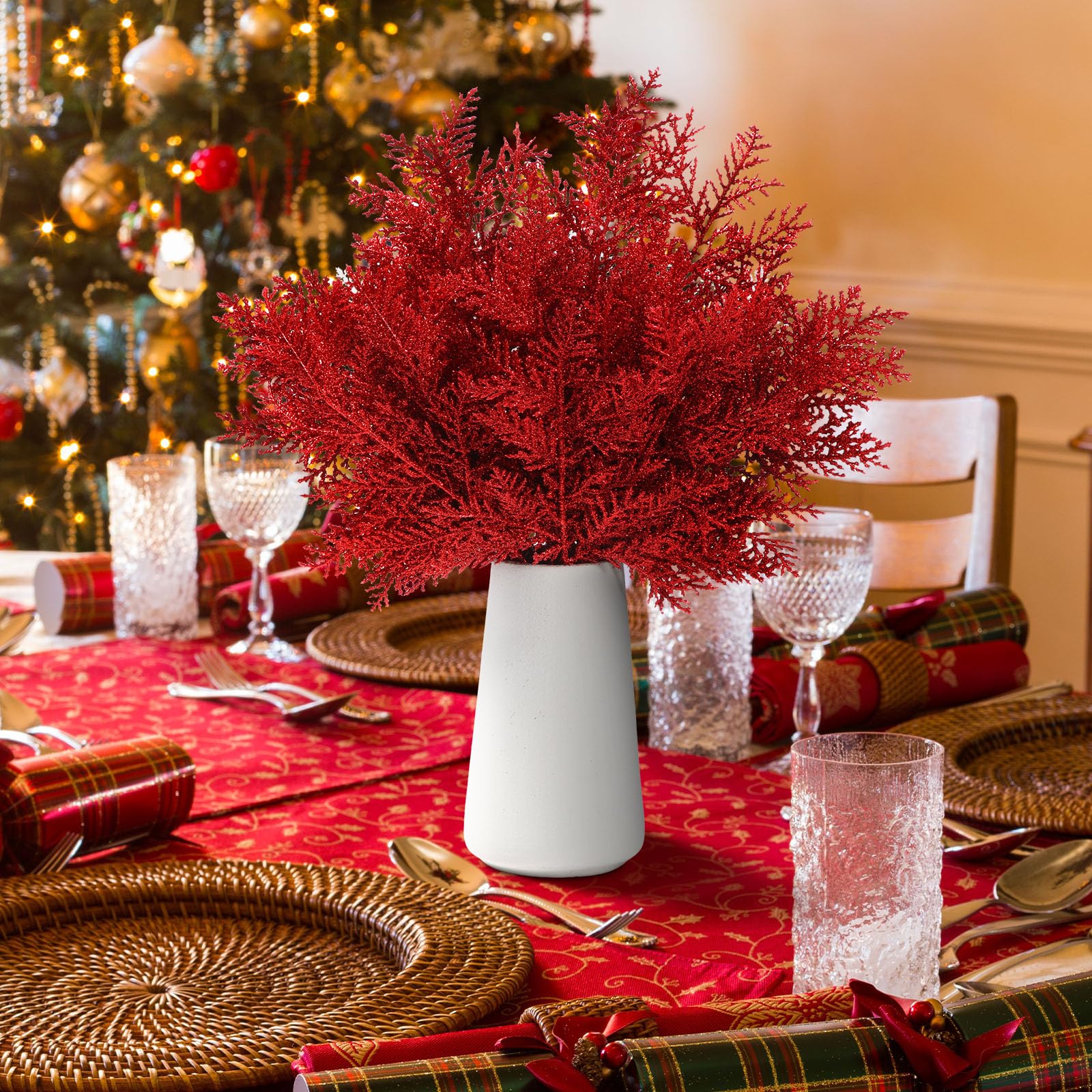 Hotop 100 Stück glitzernde Tannenzweige, künstliche Tannenstiele, 26,7 cm, Weihnachts-Tannennadeln, Blätter für Weihnachtsbaum, DIY-Kranz, Girlande, Zuhause, Winter-Party-Dekoration (rot)