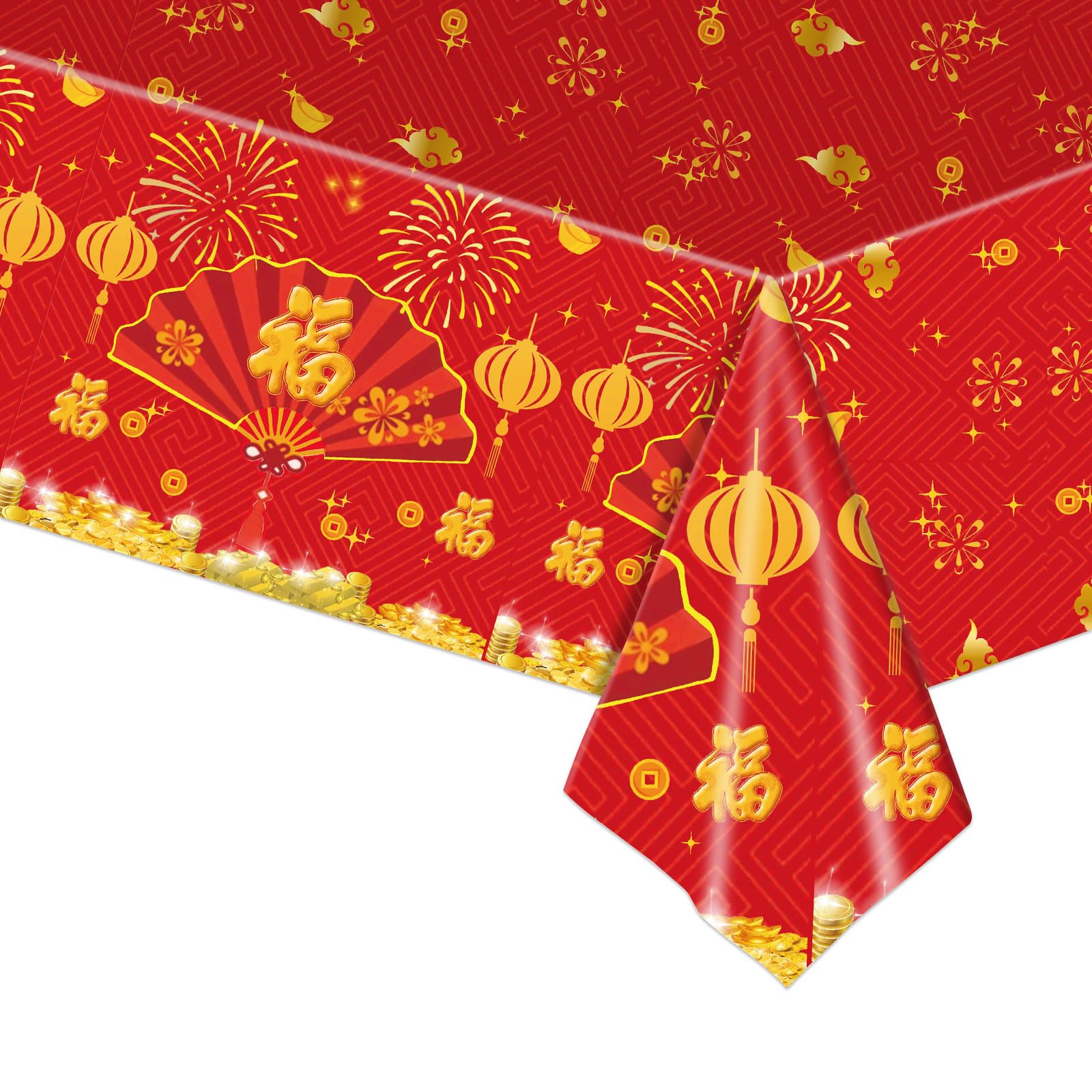 Chinese New Year Table Cloth,Chinese New Year Decorations 2026 with Red Blessing for Spring Festival,Plastic Table Runner Rectangle Waterproof Cover for Party Dinner Supplies(137 * 274cm)