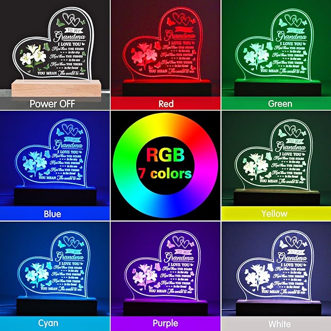 ZEEYUAN ZEEYUAN Mother's Day Gift for Grandma from Granddaughter Grandson, 7 Colors Acrylic Night Light Gifts for Grandmother, Unique Thank You Present Birthday Gift for Grandma photo 2