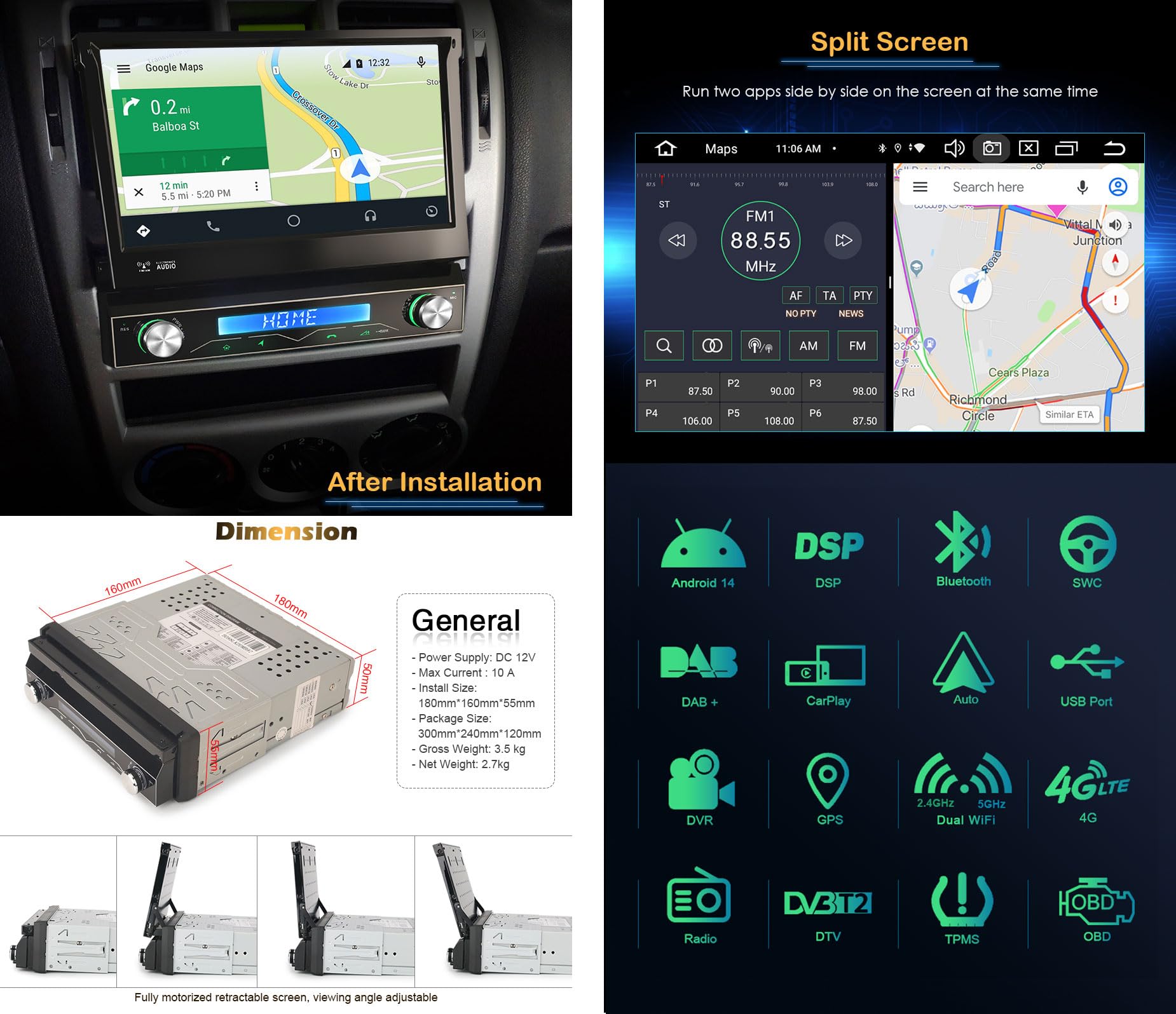 8-Core Android 12 Autoradio 1 Din GPS Navigatore con Schermo Motorizzato Wireless Carplay Android Auto Bluetooth WiFi DSP DAB+ RDS OBD2 TPMS 4GB RAM+64GB ROM, ES8568U