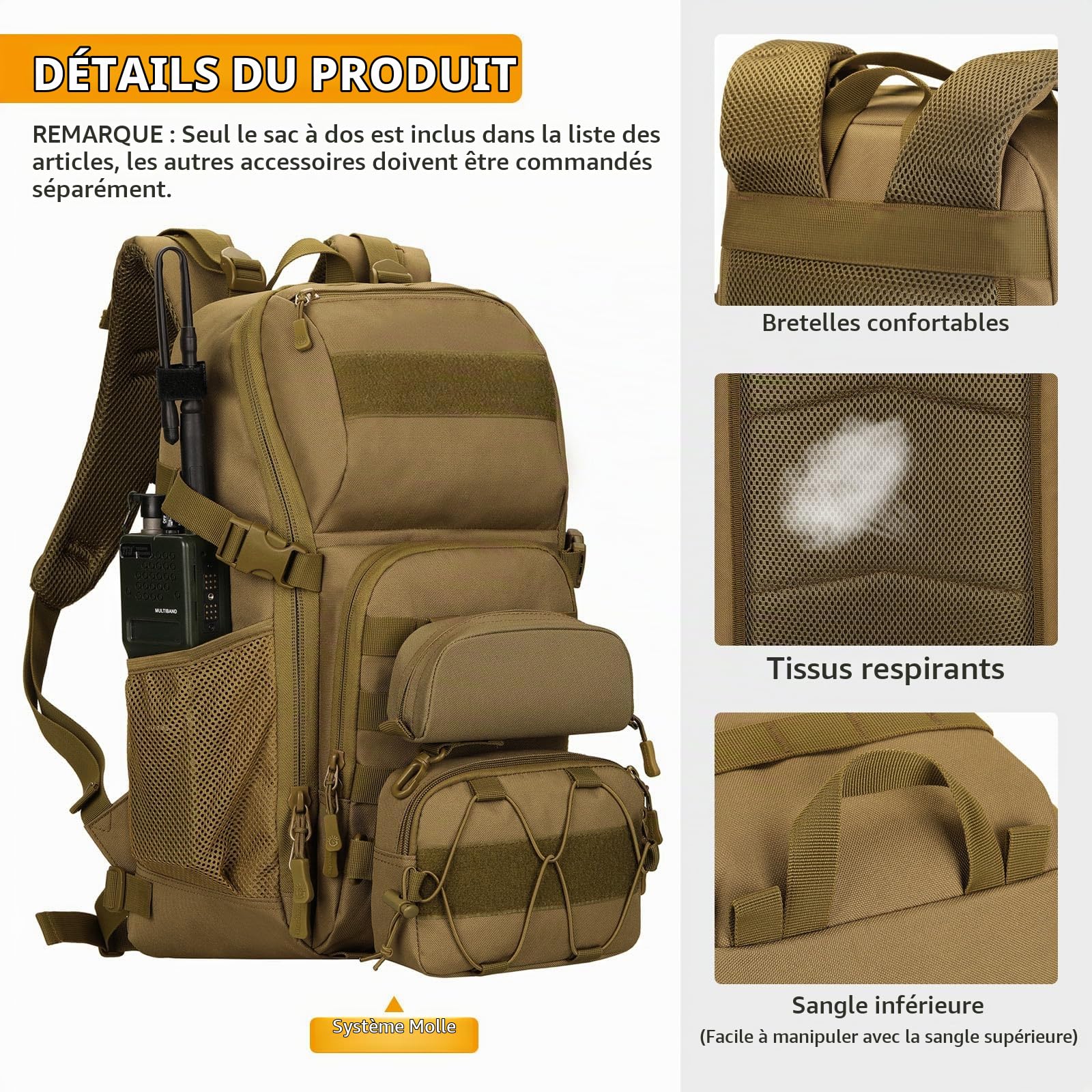 HUNTVP Sac à Dos Tactique Militaire 25L/35L avec Système MOLLE, Imperméable Multi-Poches Backpack Grande Capacité pour Randonnée Camping Voyage