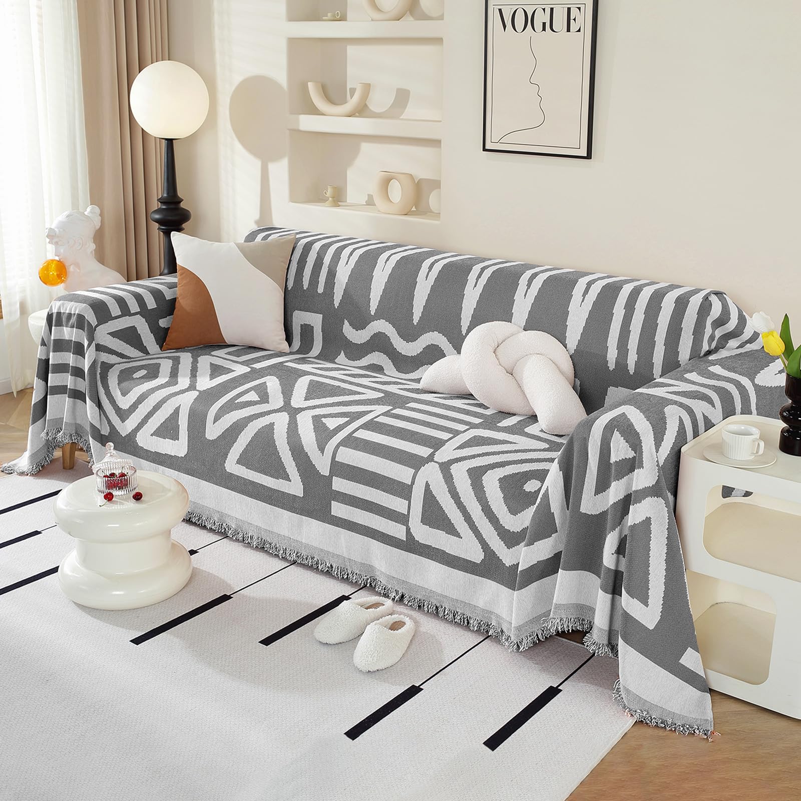 Royhom Boho Sofa Cover Couch Cover for Dogs Washable Sectional Couch Covers Sofa Slipcover with Tassel Loveseat L Shaped Covers Couch Protector for Pets, Dark Grey 71 x 118 Inch