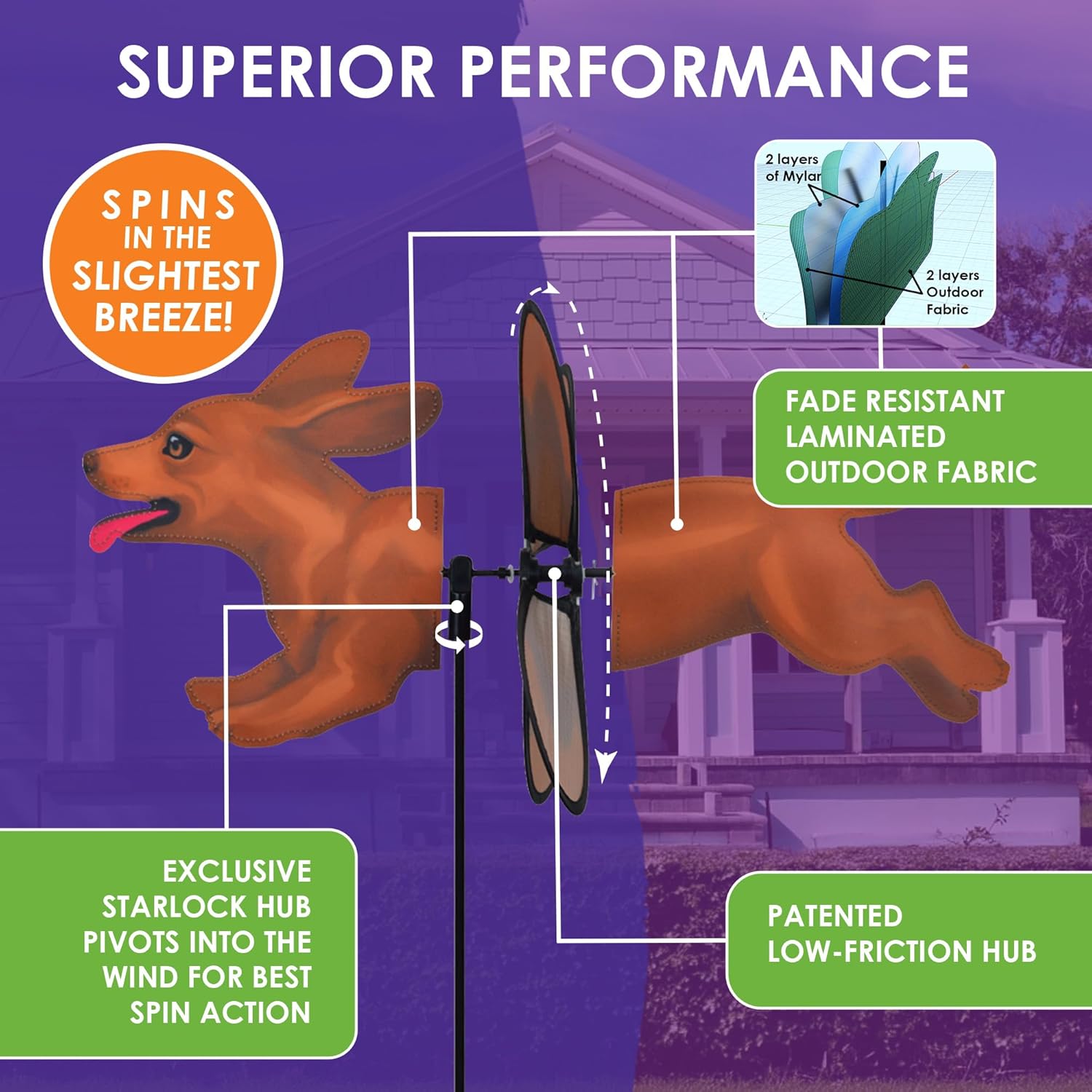 Premier Kites Petite Spinner Dachshund – Whimsical Wind Spinner for Yard & Garden, Durable Weather-Resistant Fabric, Easy to Assemble, Outdoor Decor for Patios, Lawns, & Fairy Lovers