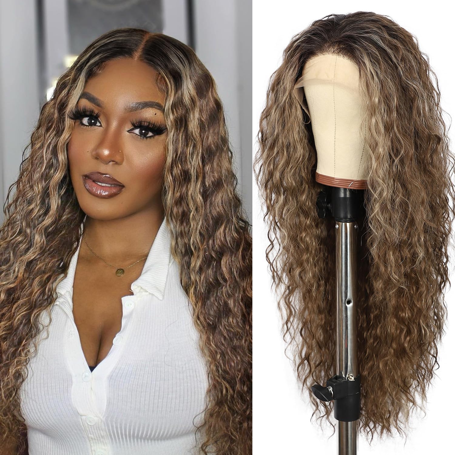 SOMIARIK Long Brown Curly Lace Front Wig 13x3 Synthetic Lace Front Wig for Women Pre plucked with Single Bleached Knots Natural Looking Daily Wear Party Christmas Halloween Heat Resistant 26 inch