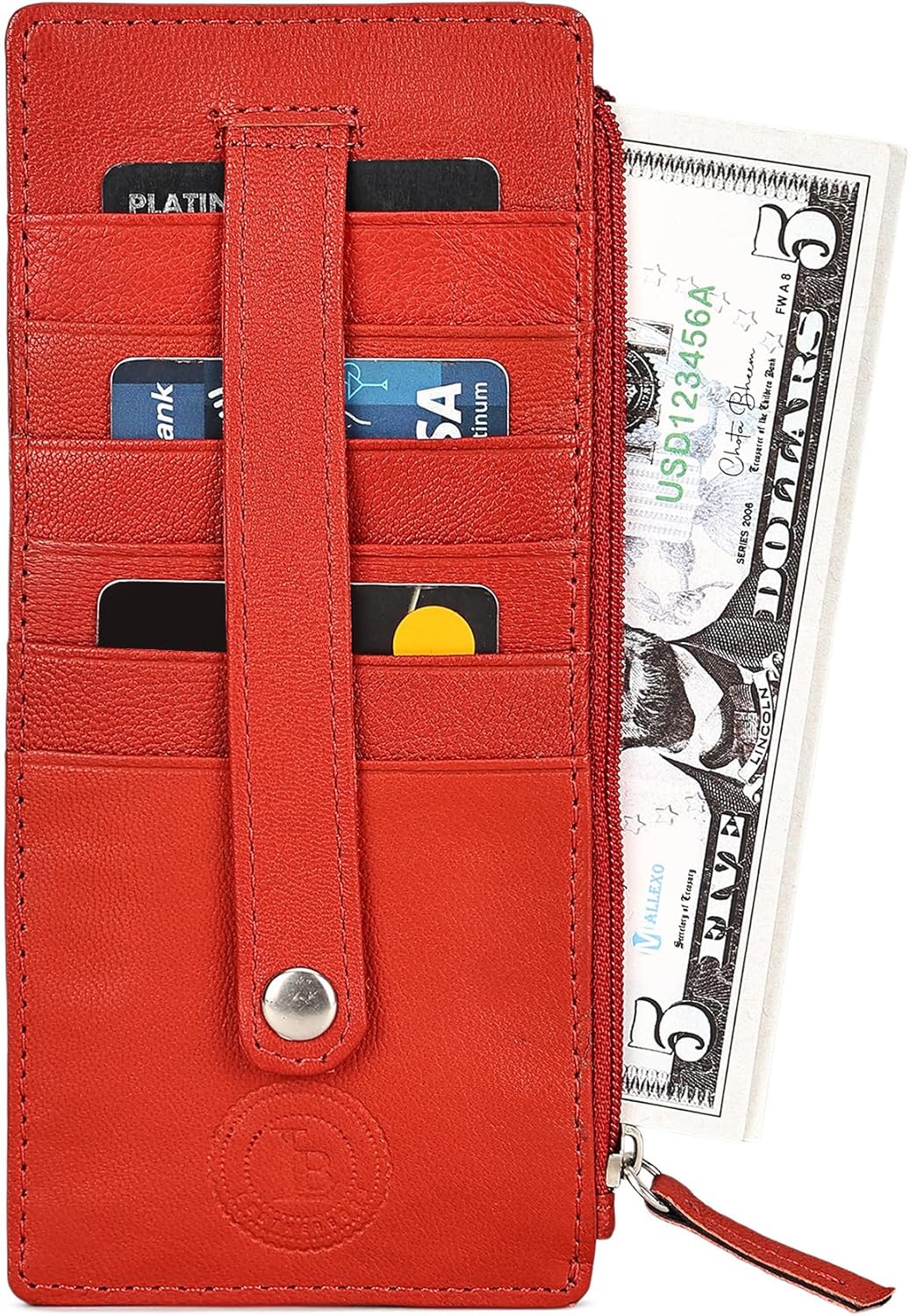 Leatherboss Genuine Leather Women's All in One Credit Business Card Case Holder Slim Zipper Wallet With a Card Protection Strap, Red - Image 3