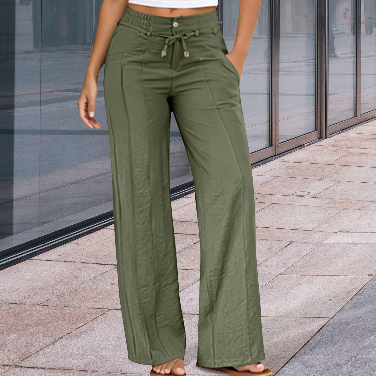 Lufitge - Pantaloni estivi da donna, larghi, in tessuto, con coulisse | Pantaloni Palazzo, leggeri e traspiranti, comodi, per il tempo libero, morbidi pantaloni da trekking, tinta unita