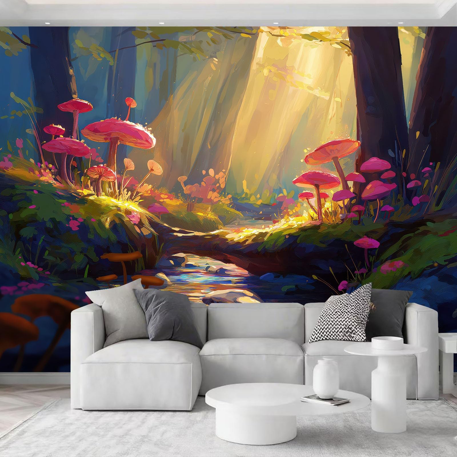 Tapeta z motywem lasu fantasy, 350 x 256 cm, tapeta, potok, mech, grzyby, tapeta na fizelinie, obraz ścienny, do pokoju dziecięcego, lounge, nowoczesna tapeta ścienna, dekoracja ścienna