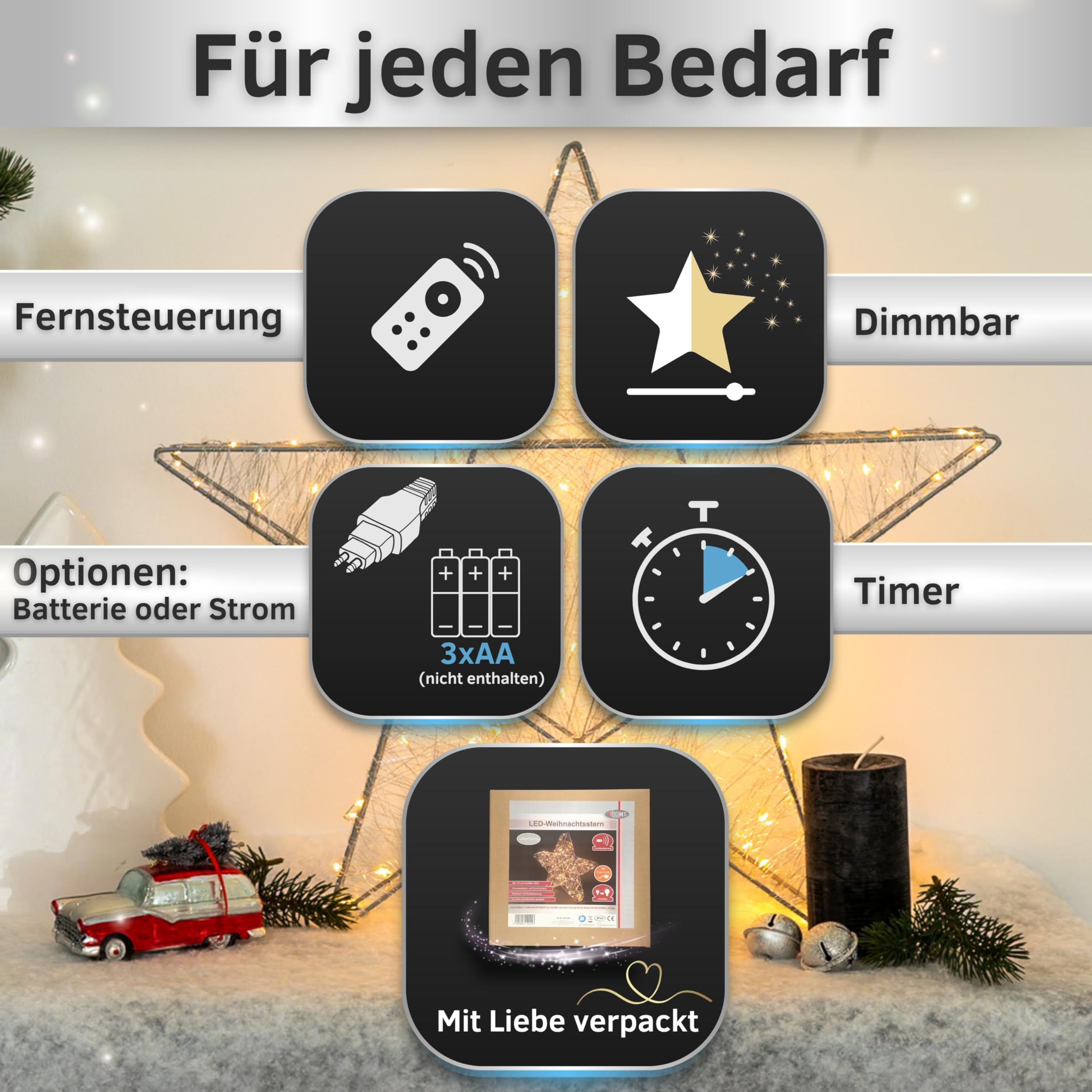 Batteriebetriebener LED Weihnachtsstern silber mit Fernbedienung & Timer - dimmbar - Dekostern beleuchtet mit warmweißen LEDs Innen und Außen Weihnachtsdeko Fensterdeko (Silber, 160 LEDs - B57xH54xT8)