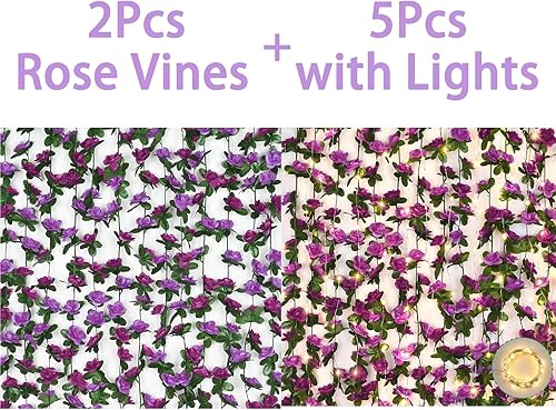 BLEUM CADE 2 guirnaldas de flores moradas de 16.4 pies y 5 hebras de 41 pies, guirnalda de flores moradas falsas con tira de luces