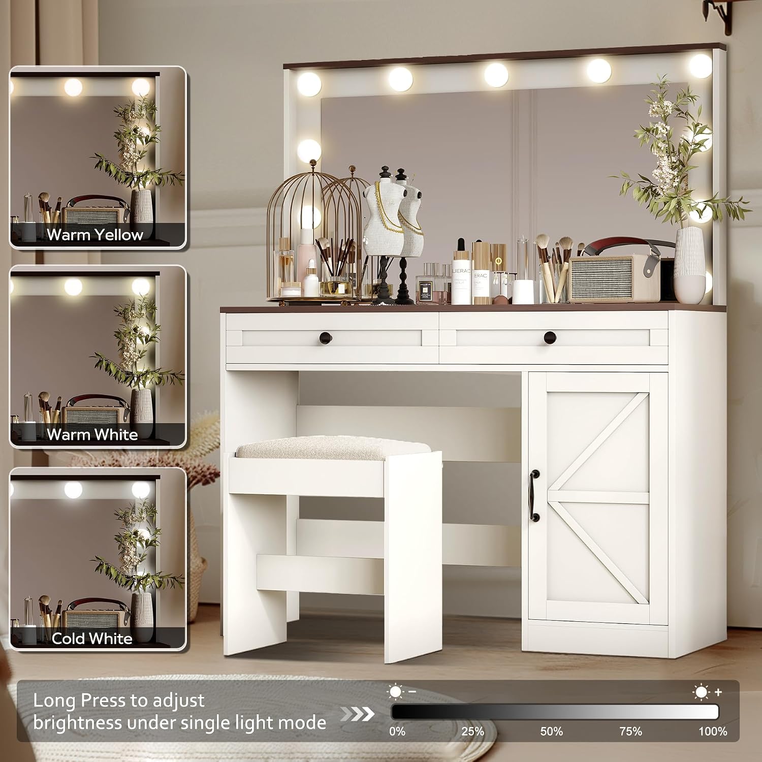 43.4" Vanity Desk with Drawers & Mirror with Lights, with Drawers & Cabinet 3 Shelves Lots Storage for Stylish Bedroom (White)
