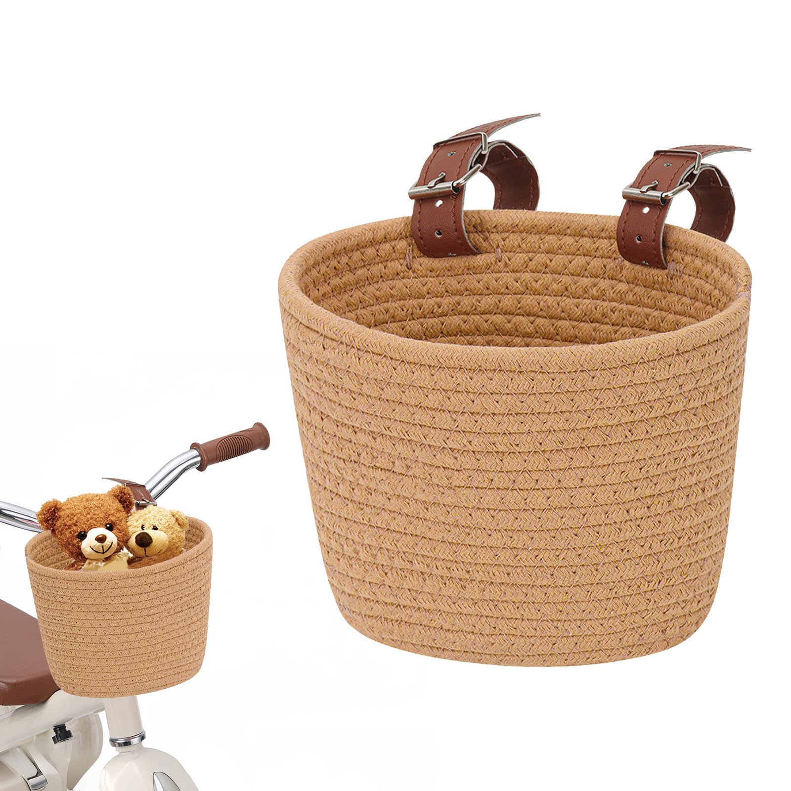 Kids Bike Basket, Cotton Waved Micro Scooter Basket Girls Easy to Install Bicycle Storage Carrier Bag for Kids Tricycles Balance bike (Brown)