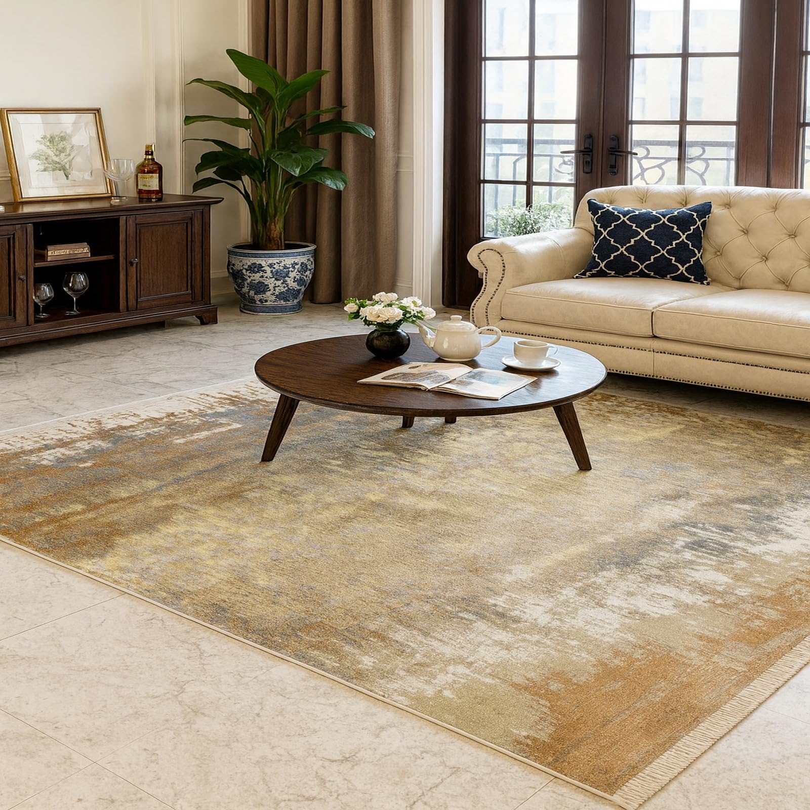 Tapis moderne abstrait 140x200 cm avec finitions dorées et grises haut de gamme