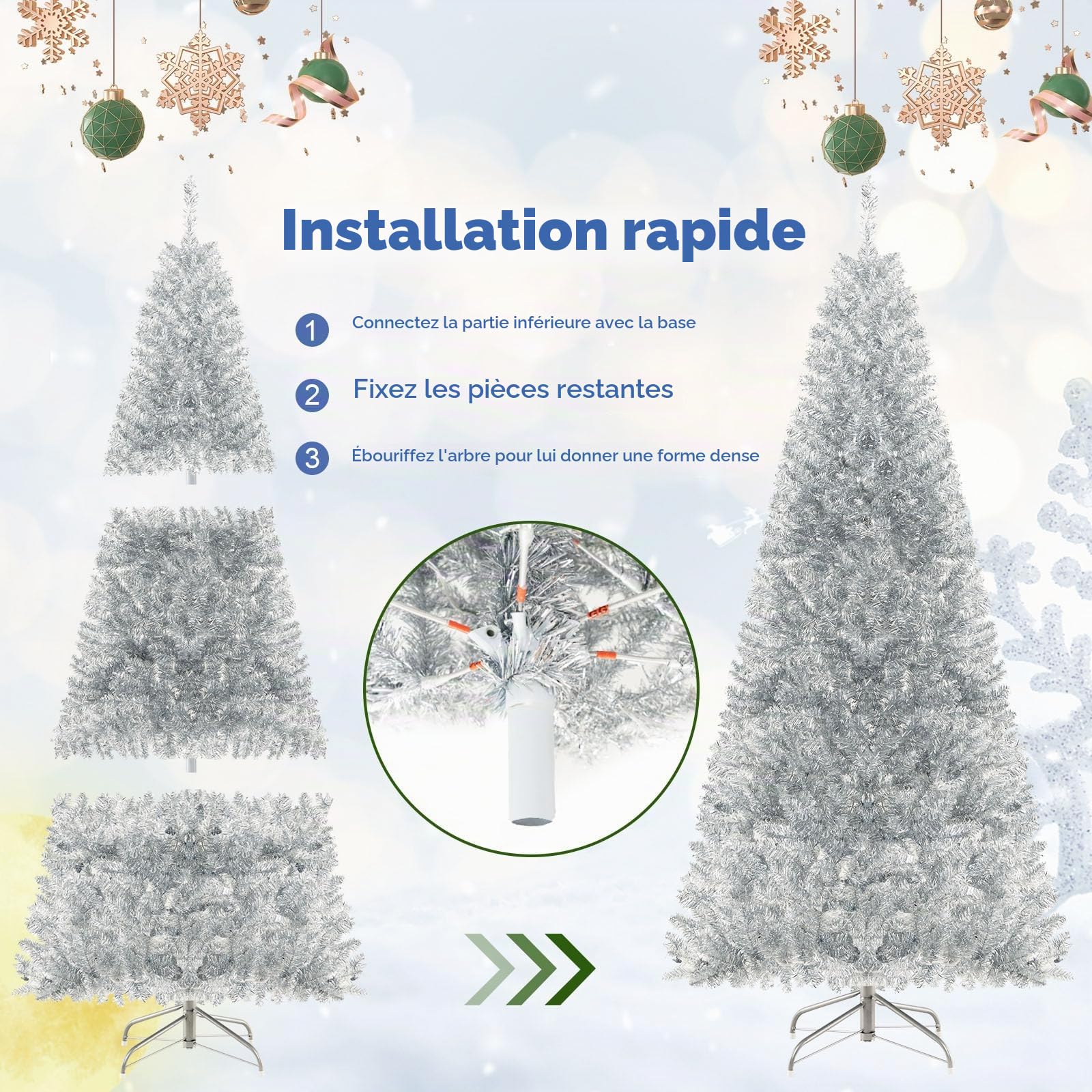 LIFEZEAL Sapin de Noël Crayon LED Argent Élancé 180cm | Arbre de Noël artificiel réaliste avec 300 lumières LED et 790 branches