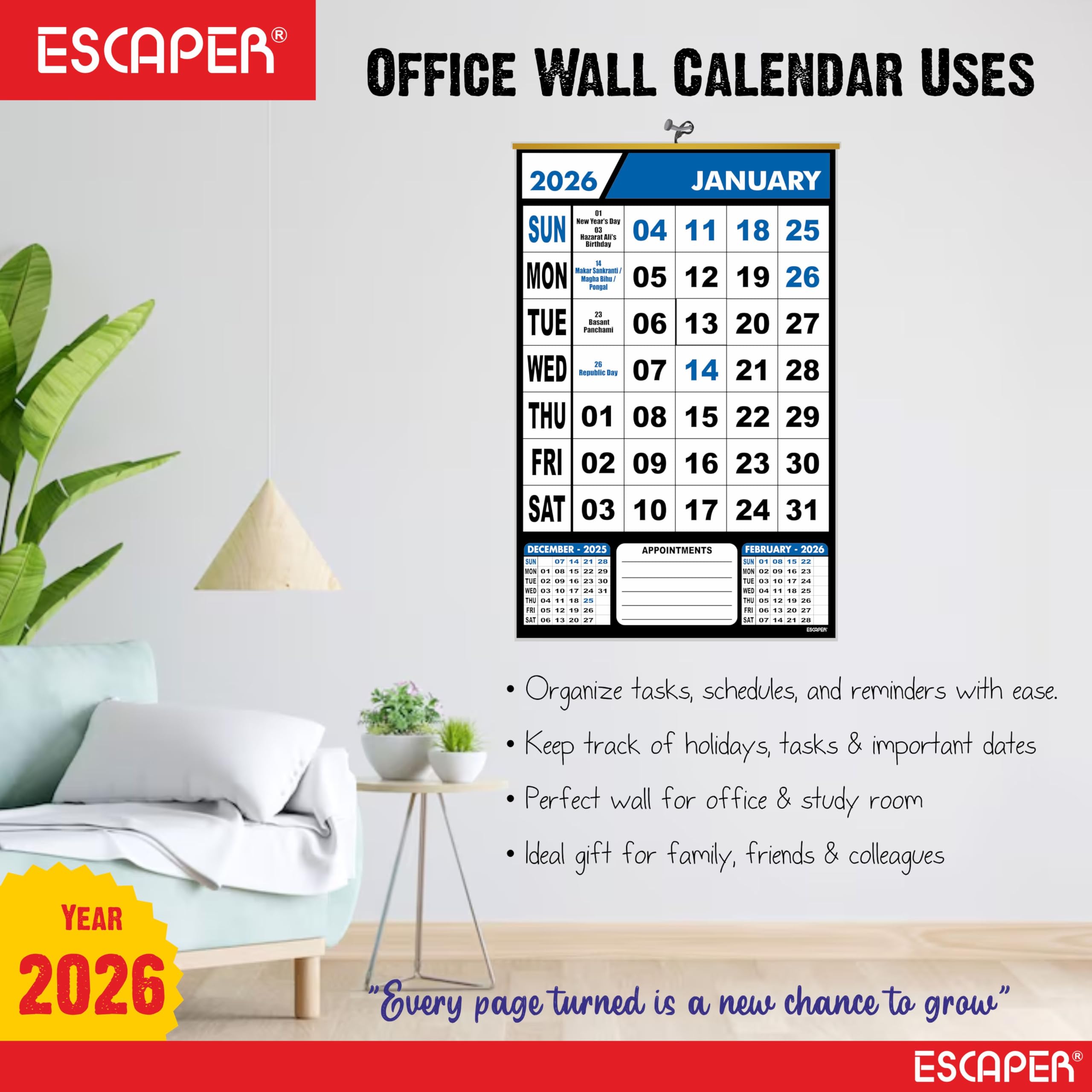 ESCAPER Calendario de pared azul 2026, calendario colgante grande con vacaciones indias, planificador mensual, papel de 100 g/m², diseño fácil de colgar, calendario de Año Nuevo 2026