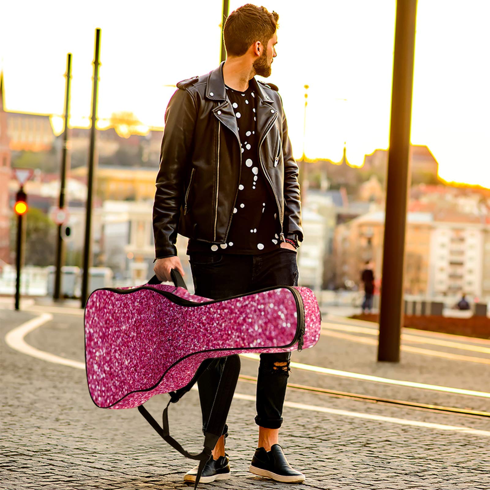 Housse de transport imperméable à fermeture éclair souple pour guitare acoustique, basse et folk classique, rose effet paillettes