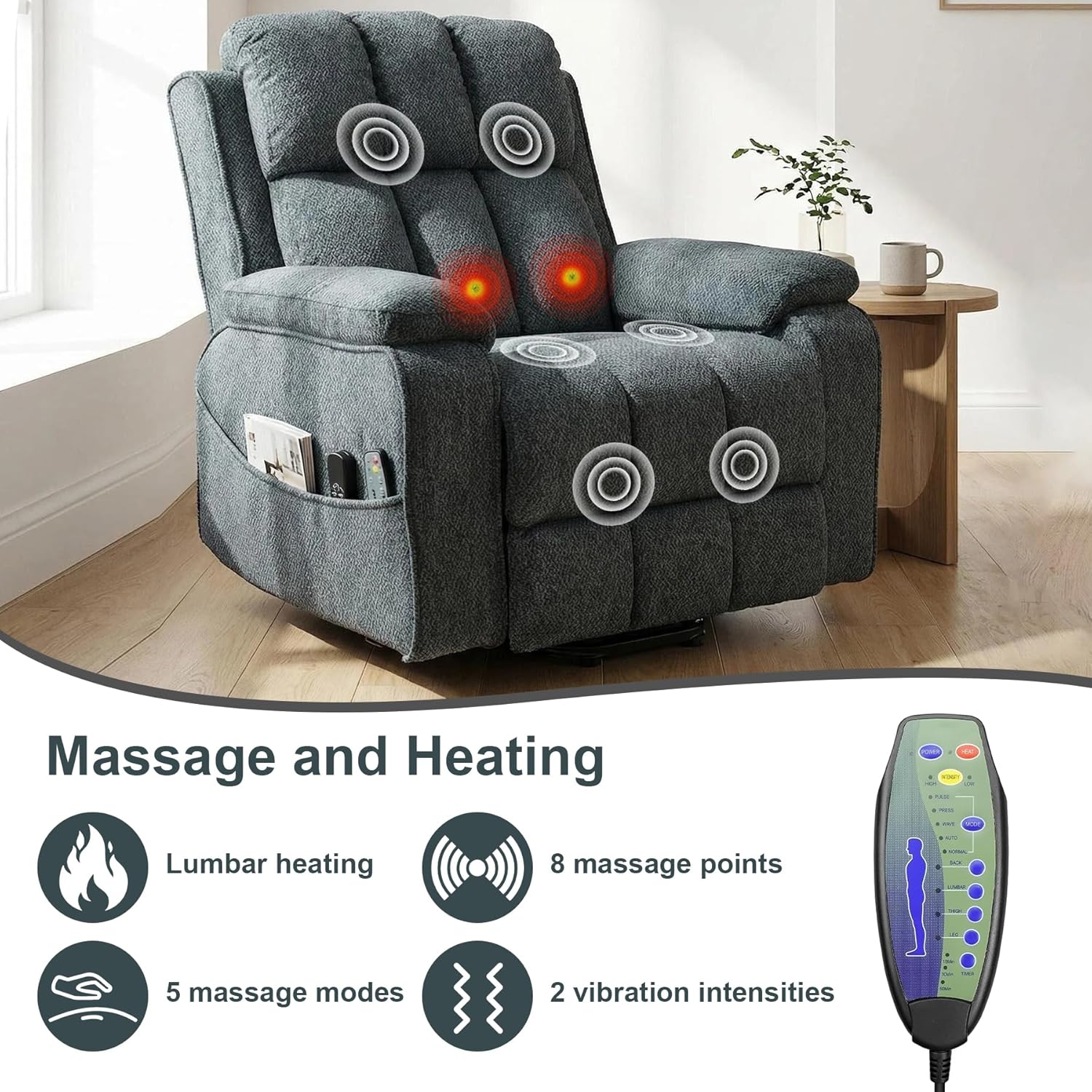 Oversized Lay Flat Recliner for Adults, Large Power Lift Recliner Chair with Extended Footrest, Electric Massage Living Room Sofa Chair, Side Storage Box Cup Holder, Blue Grey