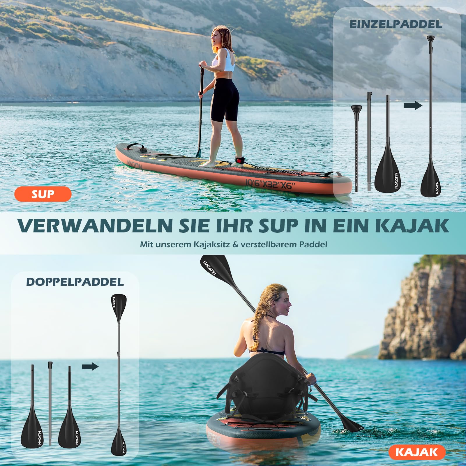 NACATIN 320cm (10ft 6in) aufblasbares SUP Board mit Sitz für Erwachsene, Stand Up Paddling Board mit Doppelpaddel, Kajaksitz, Rucksack, Tragegurt, Trockentasche, Reparaturset, für See, Fluss, Yoga