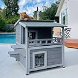 Aivituvin 2 Story Cat House with Large Balcony, Indoor Cat Condo Outdoor Cat Shelter, Wooden Kitty Home with PVC Door Strip