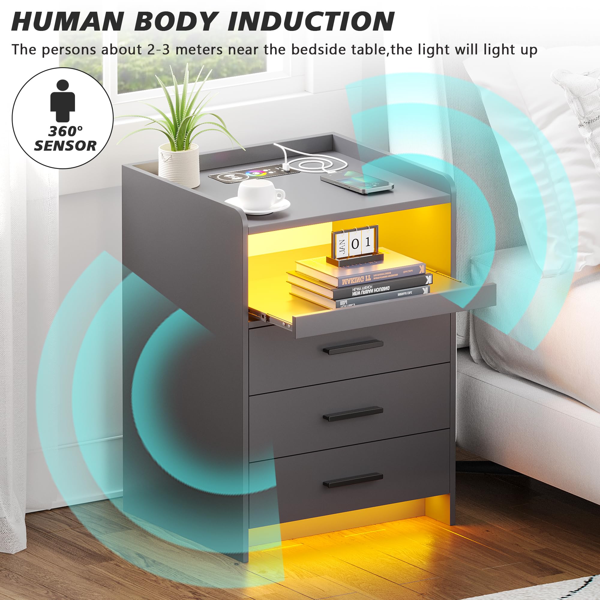 Gurexl LED 2 pezzi comodino con stazione di ricarica，cassettiera camera con sensore del corpo umano e 24 RGB leggero ，comodini moderni da letto legno da letto con 3 cassetti per Camera，Grigio
