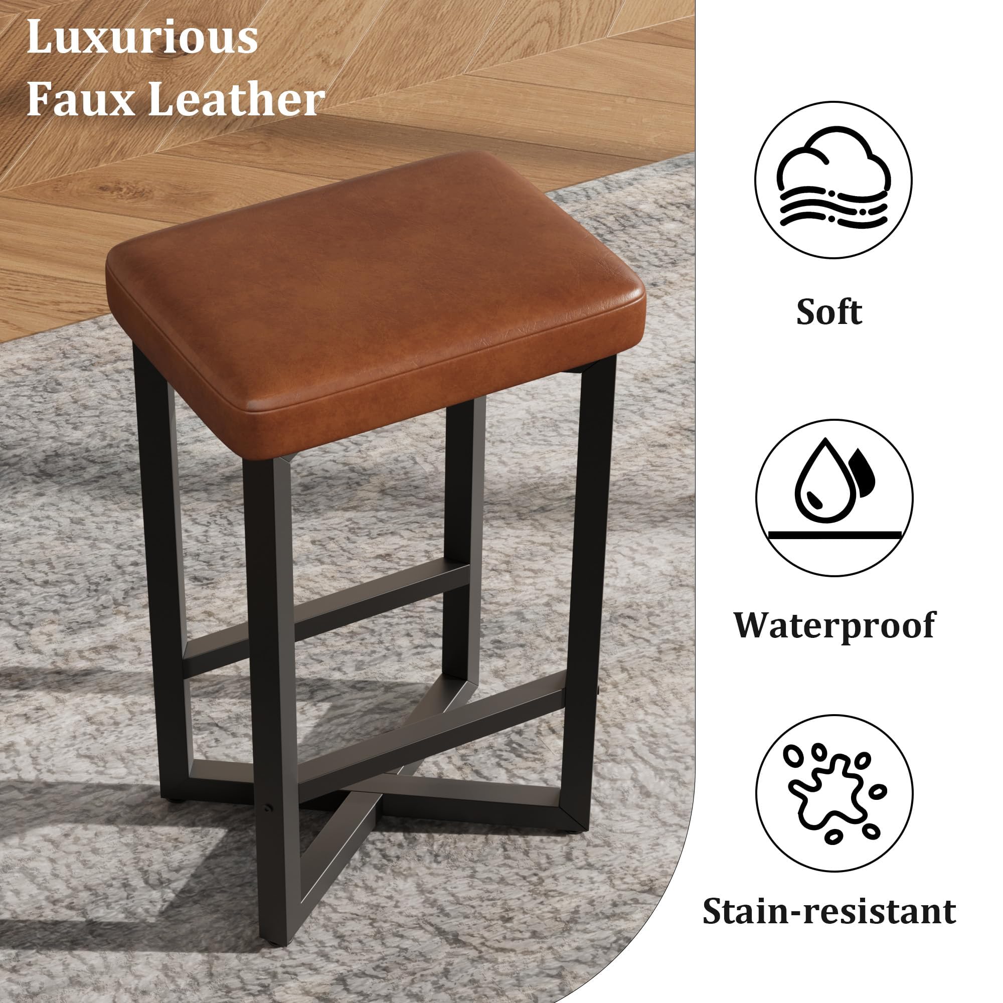 Garvee Lot de 4 Tabourets de Bar sans Dossier, Hauteur 62,5 cm, Chaise de Bar avec Siège Rembourré en Simili-Cuir PU, Chaise Haute Bar avec Repose-Pieds Intégré, Marron