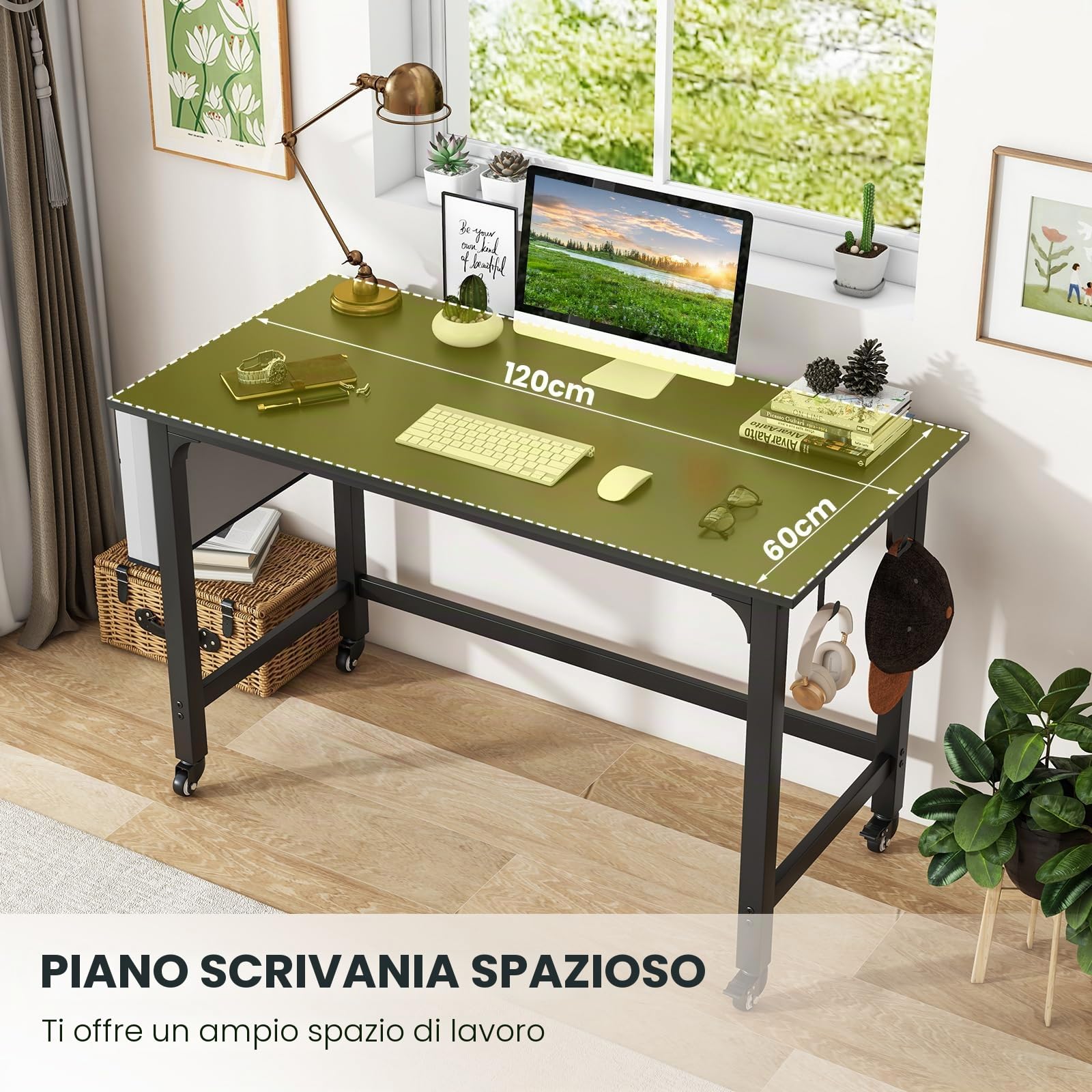 GIANTEX Scrivania per computer con 4 ruote universali, tasca laterale e 2 ganci, 120 x 60 x 75 cm, tavolo PC per casa e ufficio, carico massimo: 100 kg (nero)