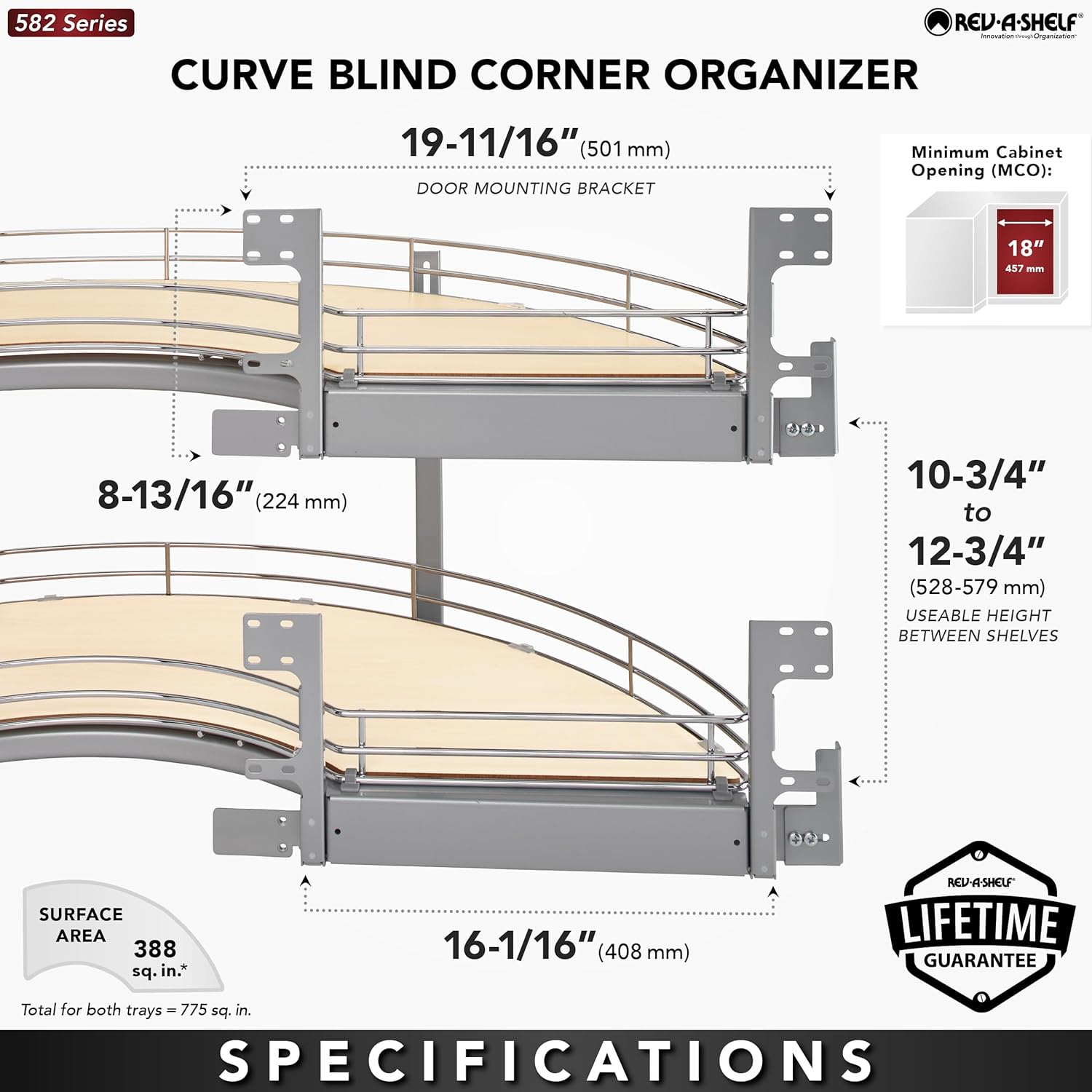 REV-A-Shelf Maple Two-Tier Solid Bottom Curve Optimizer for 18" Right Opening/Blind Left Corner Cabinets