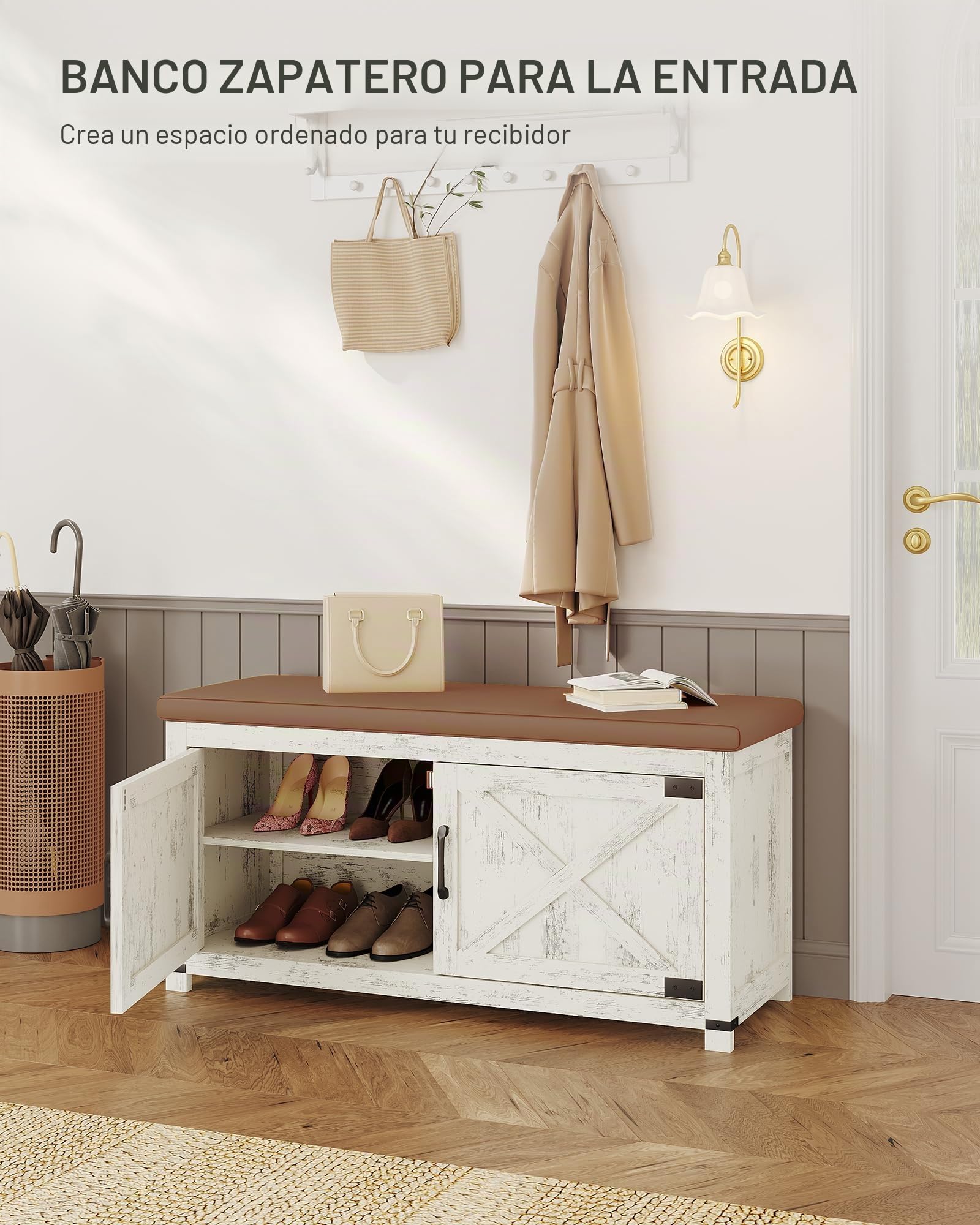 Hzuaneri Banco Zapatero con cojín, Mueble Zapatero Entrada con Puertas, 8 Pares de Zapatos, 35 x 100 x 49 cm, Entrada, Dormitorio, Sala de Estar, Blanco y marrón SB26614KA