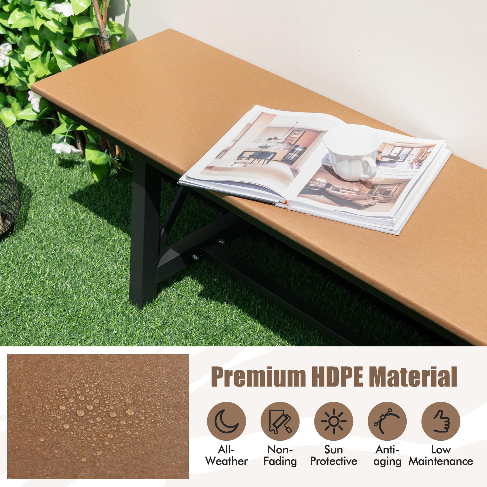 KOMFOTTEU Panchina da Giardino 3-4 Posti, Portata 500 kg | Panchina da Esterno in HDPE e Metallo, per Cortile, Parco, Terrazzo, 183 x 35 x 41,5 cm, Marrone e Nero