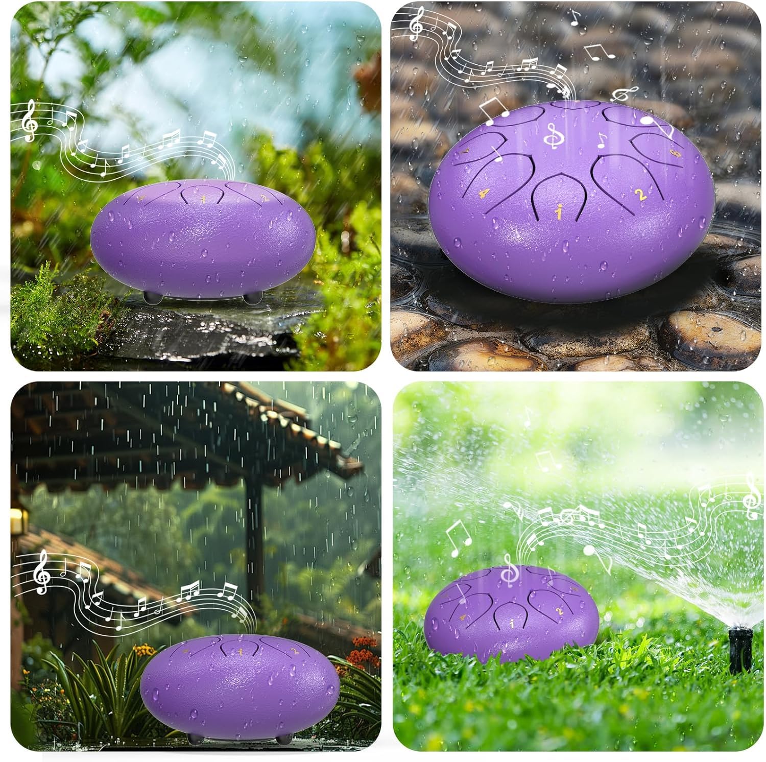 Stahlzungentrommel,Noten Regentrommeln für Außengarten, Regenspiel, Handpfanne mit Musikbuch, Schlägel, Regenspiel, wasserdicht, Handpan-Instrument im Freien (Lila, 6 Zoll)