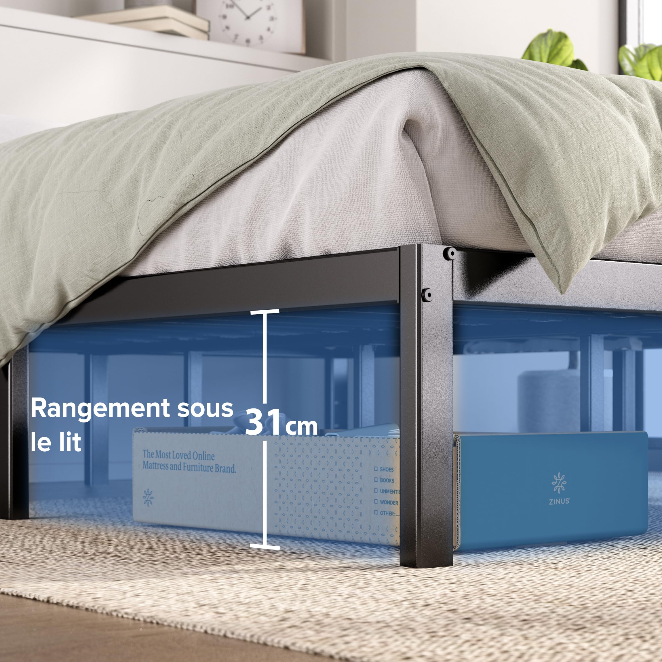 Zinus Elias Sommier 140x190 cm avec Lattes en Métal - Cadre de Lit 2 Personnes en Acier Robuste - Hauteur 36 cm pour Rangement - Montage Facile - Noir