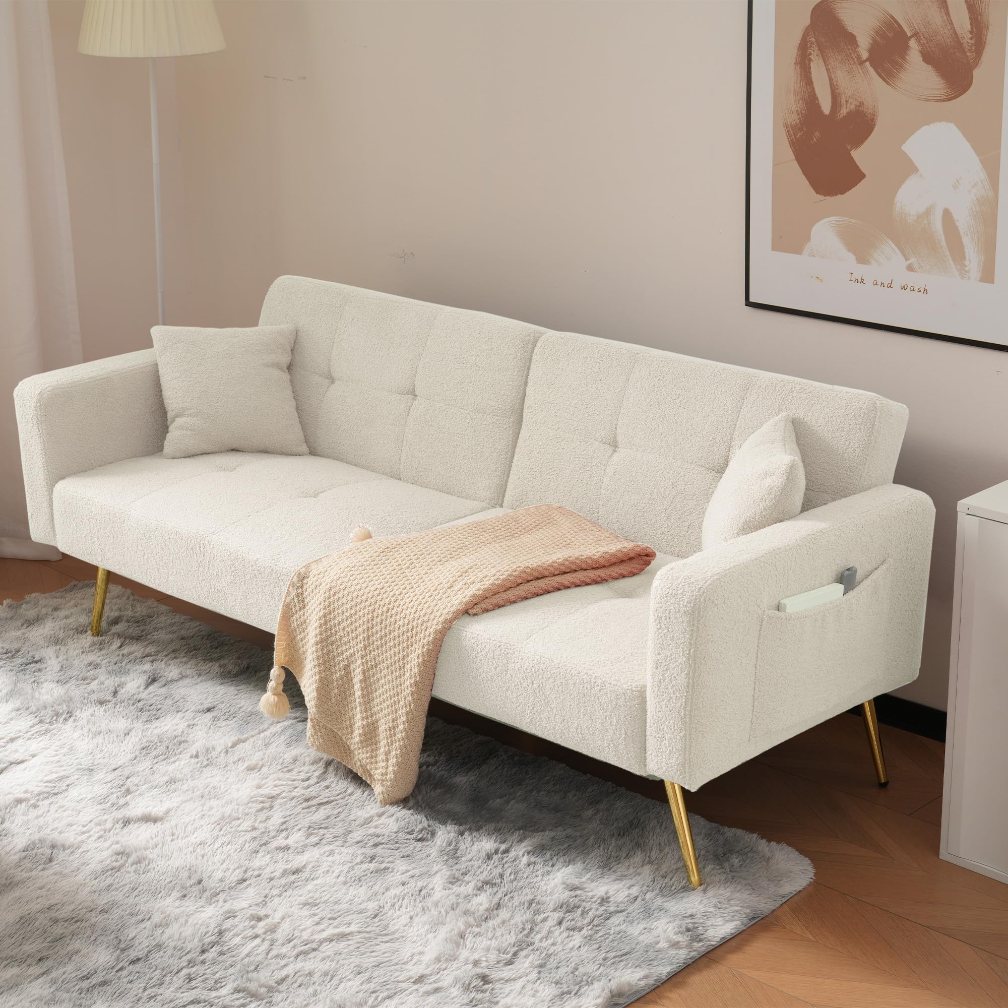 Ball & Cast Sofa Bed, 3 Seater Sofa Settee Couch with 3 Adjustable Backrest Angles, Gold Legs, Cushions and Side Storage Pockets, White Sharpa Surface