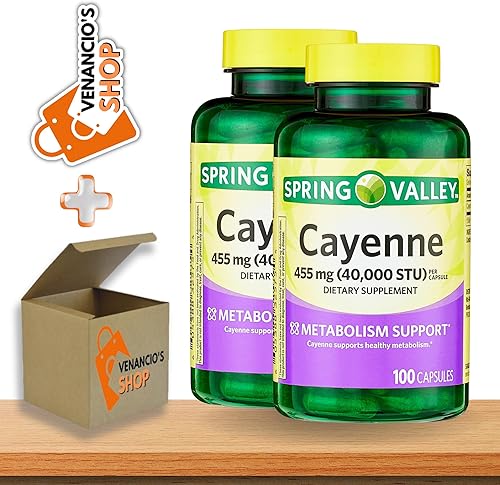 Miniatura 1 de Spring Valley - Cápsulas de cayena de 455 mg (fruta de cayena - 40,000 STU), suplemento dietético, apoyo a base de hierbas + incluye adhesivo